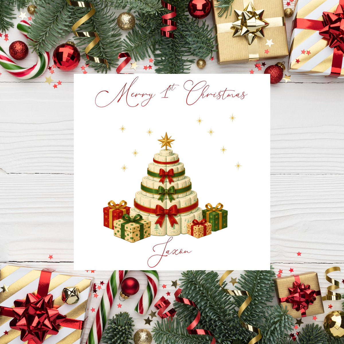 Personalised 1st Christmas Card, Custom Child Name 1st Greeting, Red Foil Finish