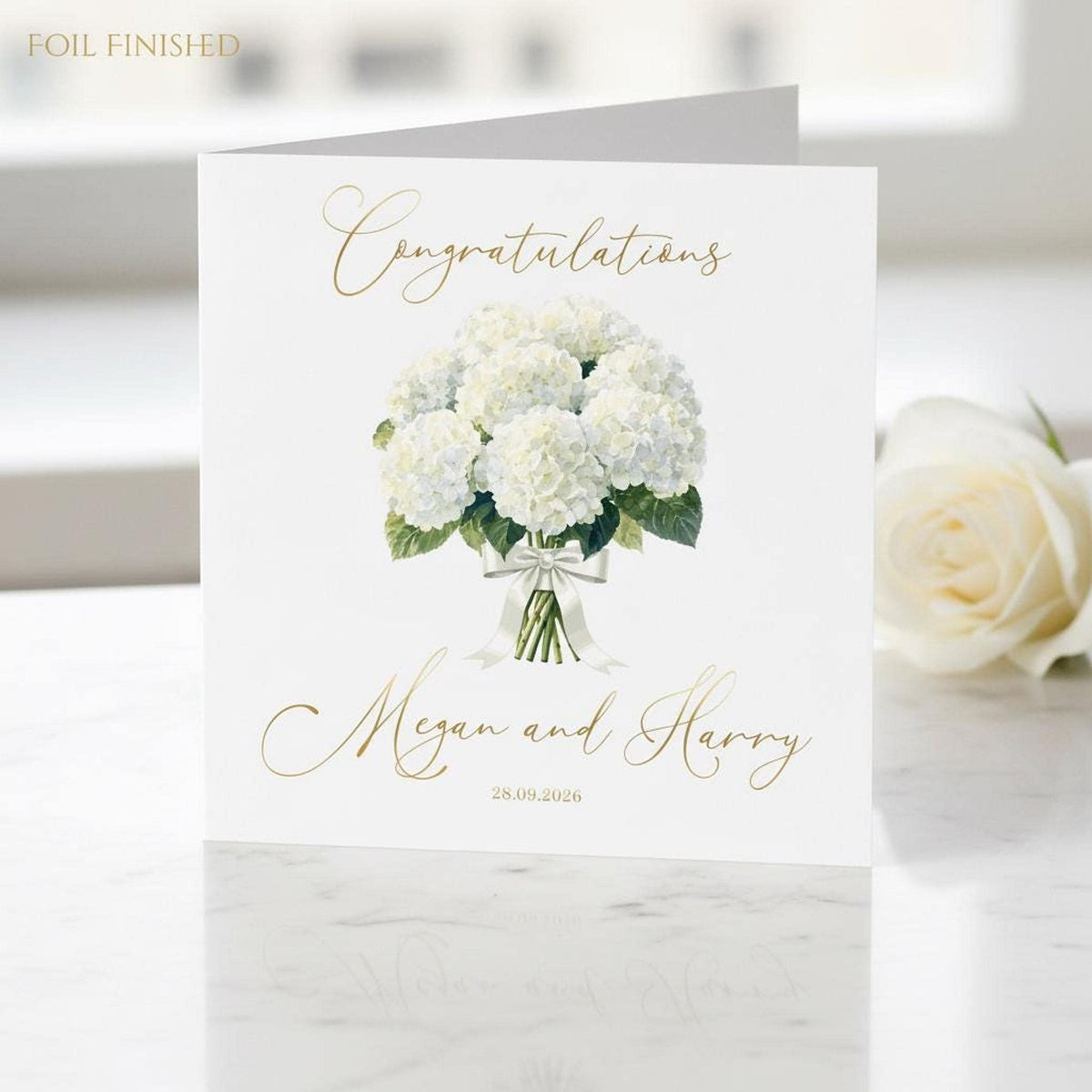 Wedding Card Foil with Hydrangea Design, Custom Names and Date