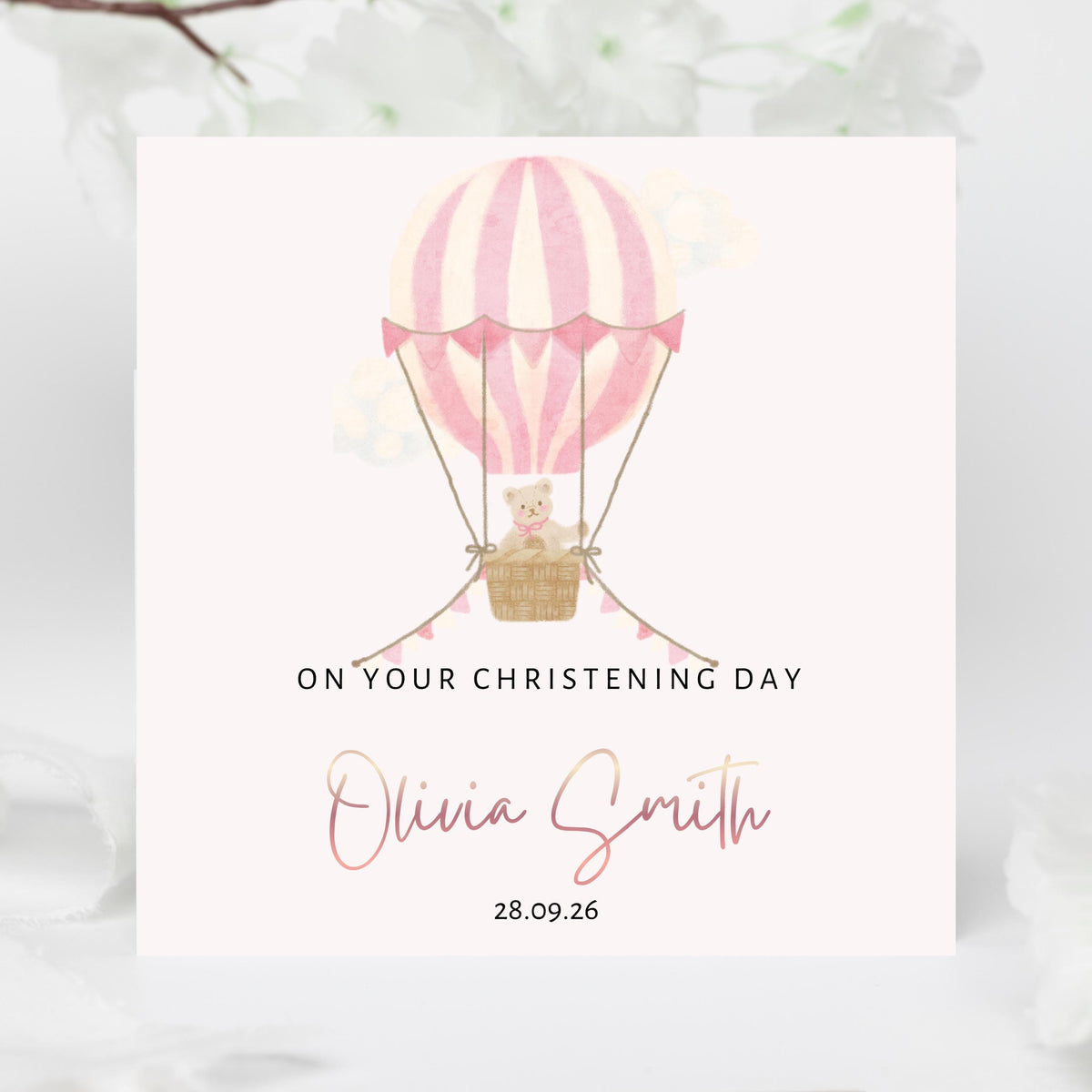 Christening Card with Rose Gold Foil Name, Hot Air Balloon Design