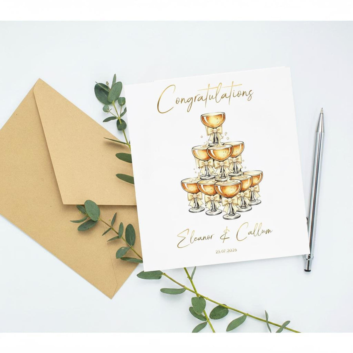 Custom Wedding Card with Foil Finish and Faux Pearls, Names & Date Included