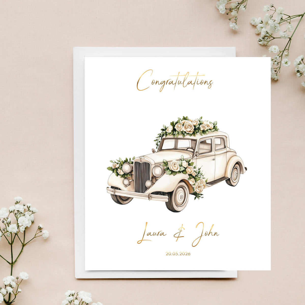 Personalised Vintage Wedding Card, Floral Car Design with Gold Foil