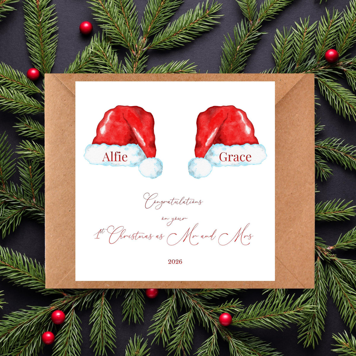 Personalised Mr And Mrs Card, First Christmas 2026 Santa Hat Design