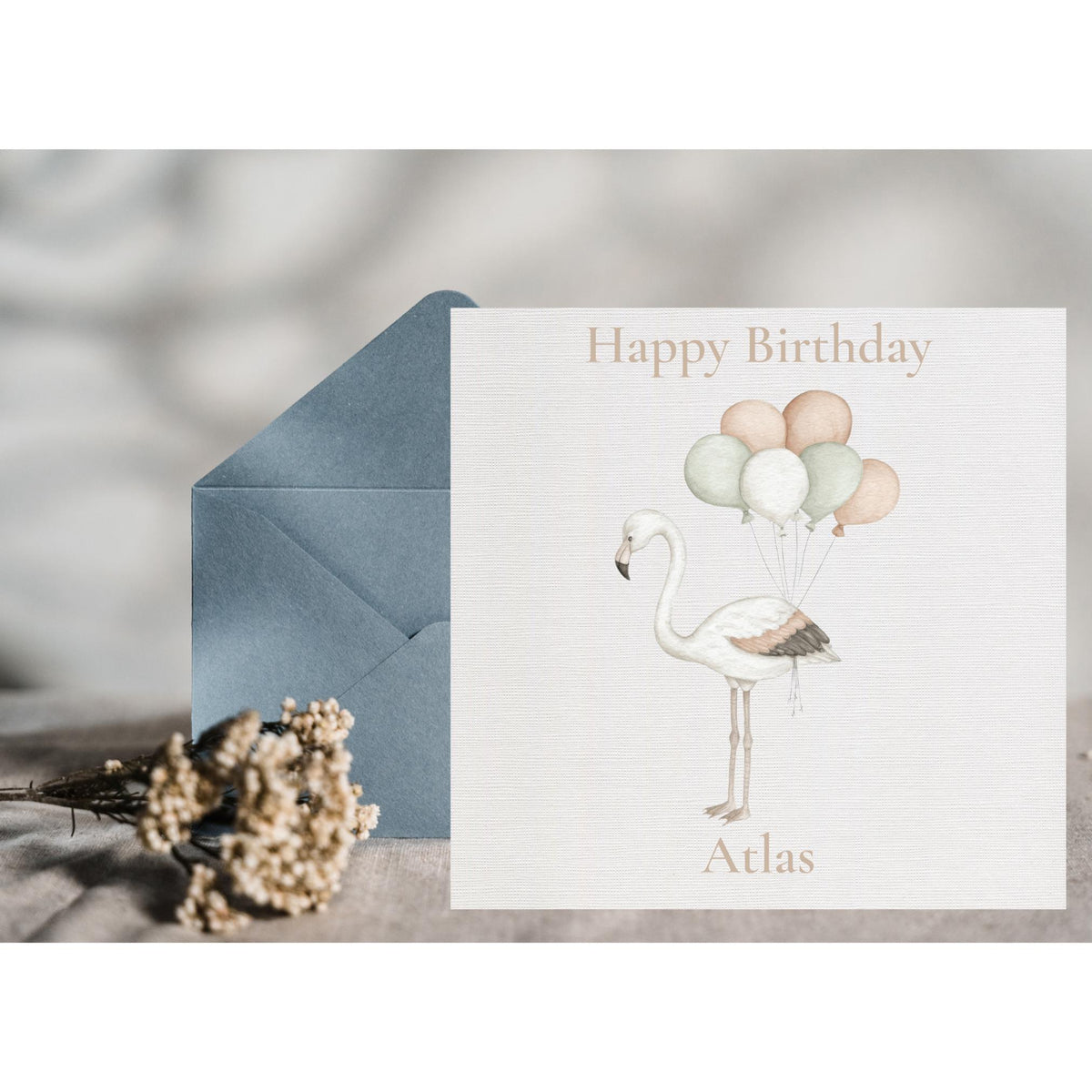 Personalised Birthday Card with Flamingo and Balloon Clouds, Custom Name, Illustration