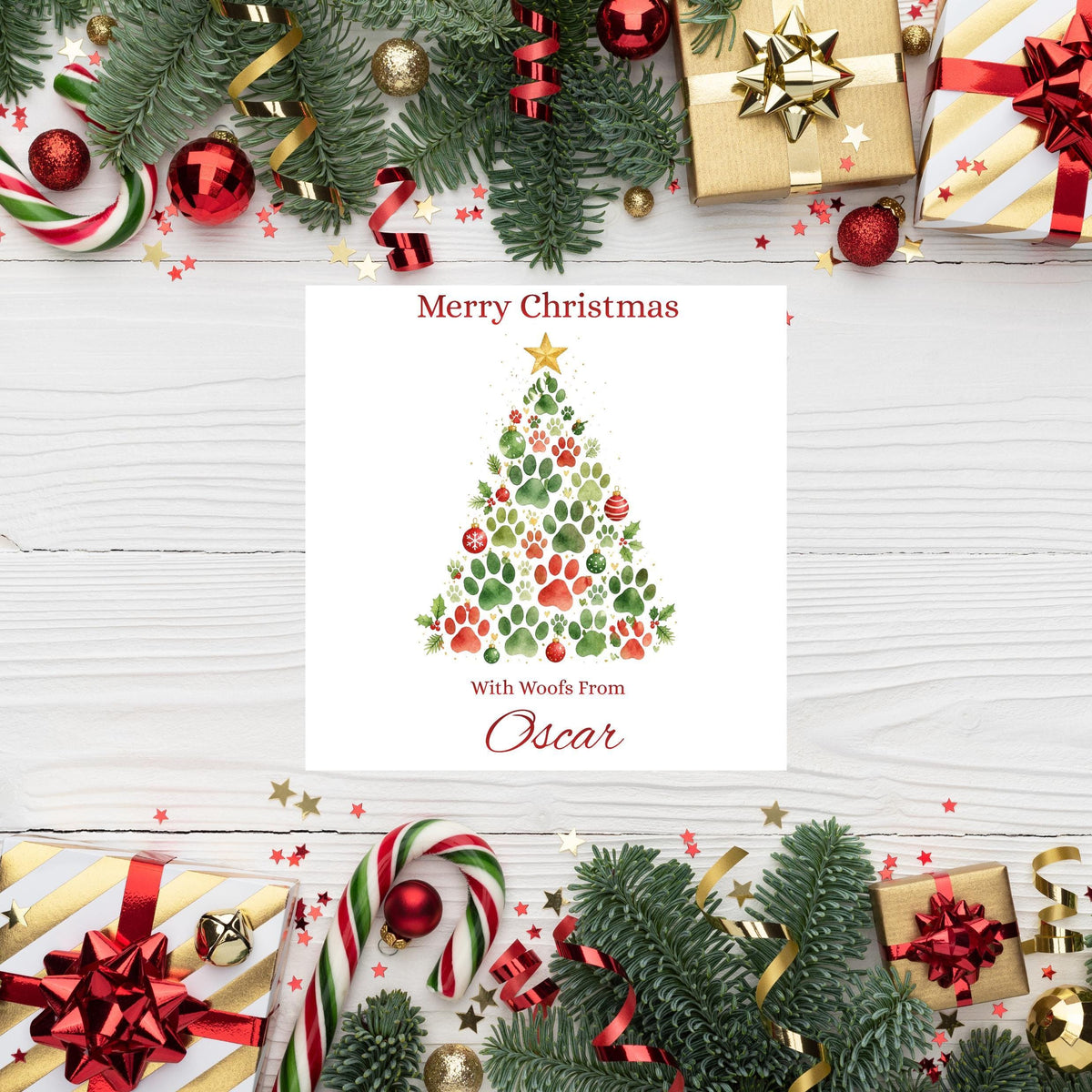 Pet Christmas Card, Custom Pet Name Paw Print Design, Foil Finish