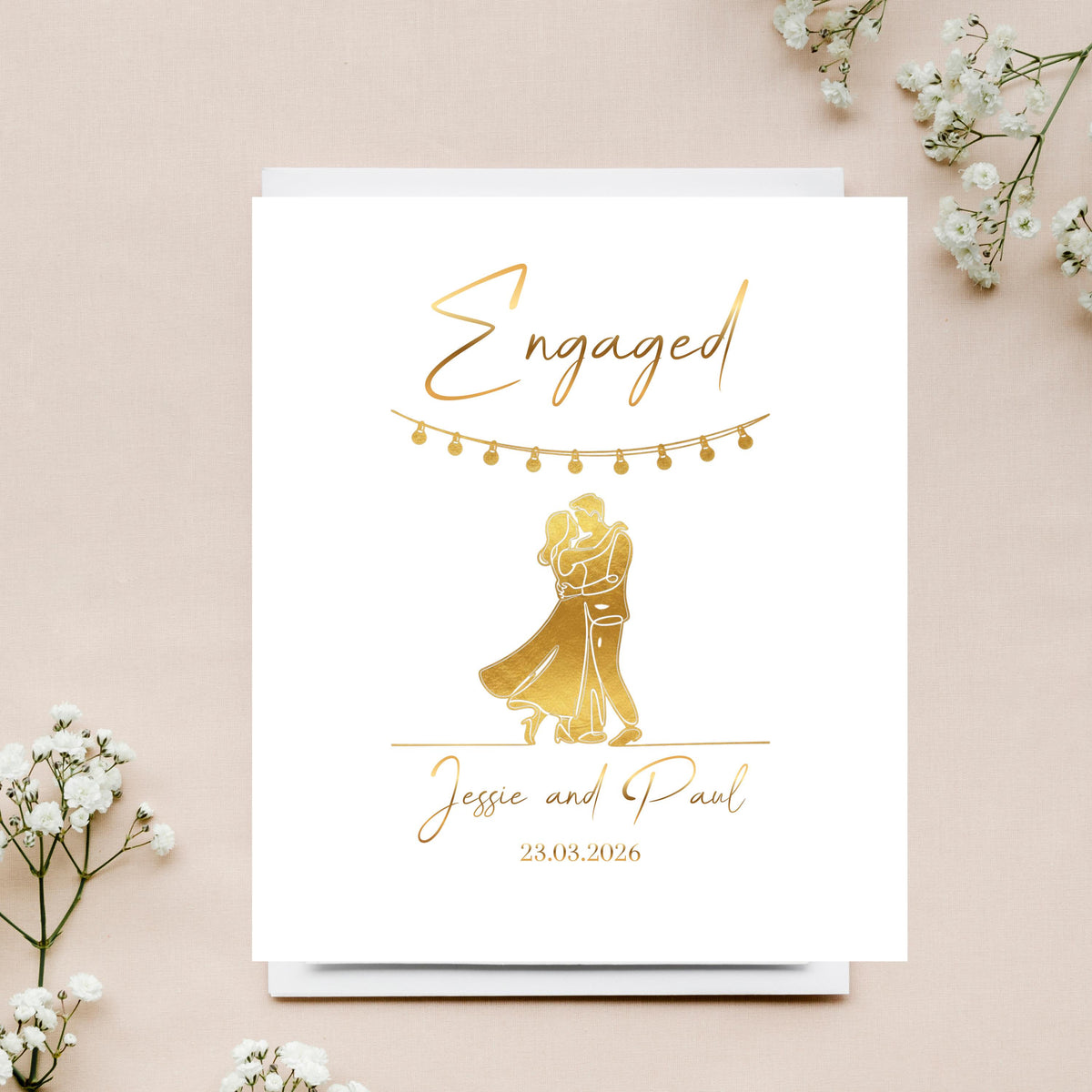 Foil Engagement Card, Gold Dance Couple Illustration, Personalized Names And Date