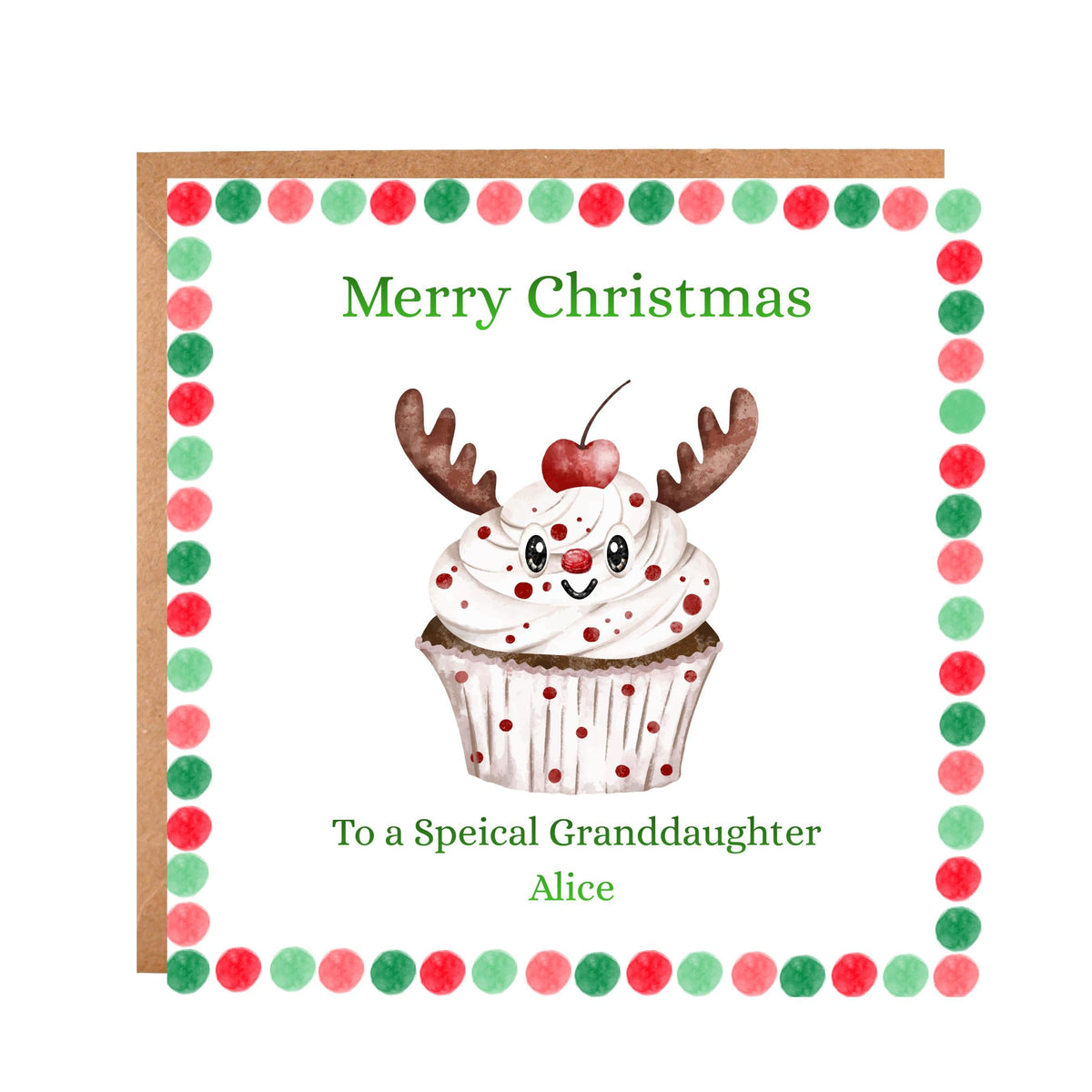 Personalized Card, Christmas Reindeer Cupcake Design with Seven Foil Colours