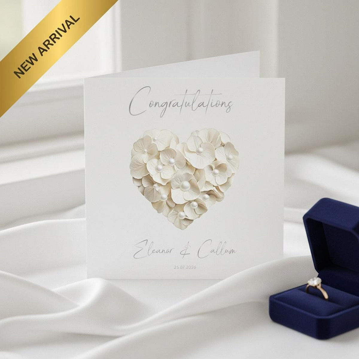 Custom Wedding Card, Gold Foil, Faux Pearls, Names and Date Included