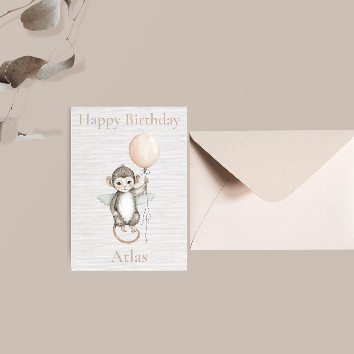 Personalised Baby Monkey Birthday Card | First 1st Celebration, Kids, Zoo Animal with Balloon, Custom