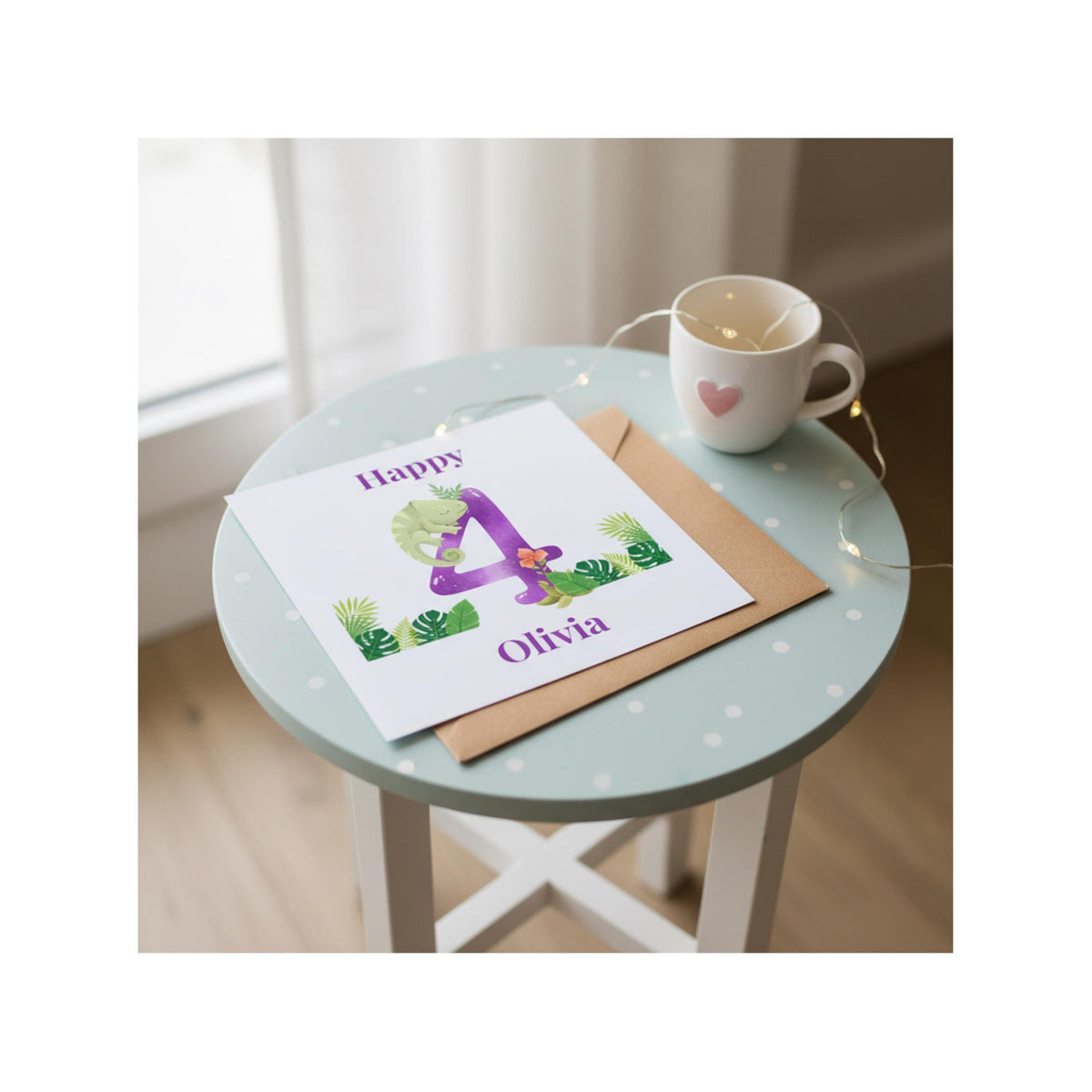 Personalised 4th Birthday Card for Girl, Chameleon Jungle Design, Kids Greeting Card