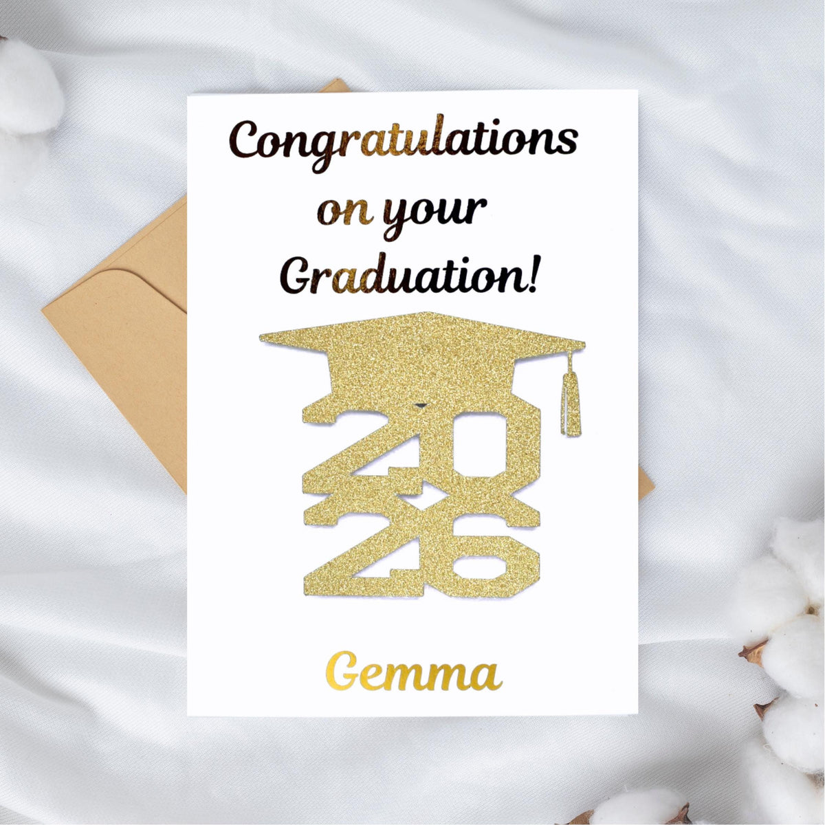 Personalised Graduation Card with Gold Glitter Cap and Custom Name | Congratulations for Graduates