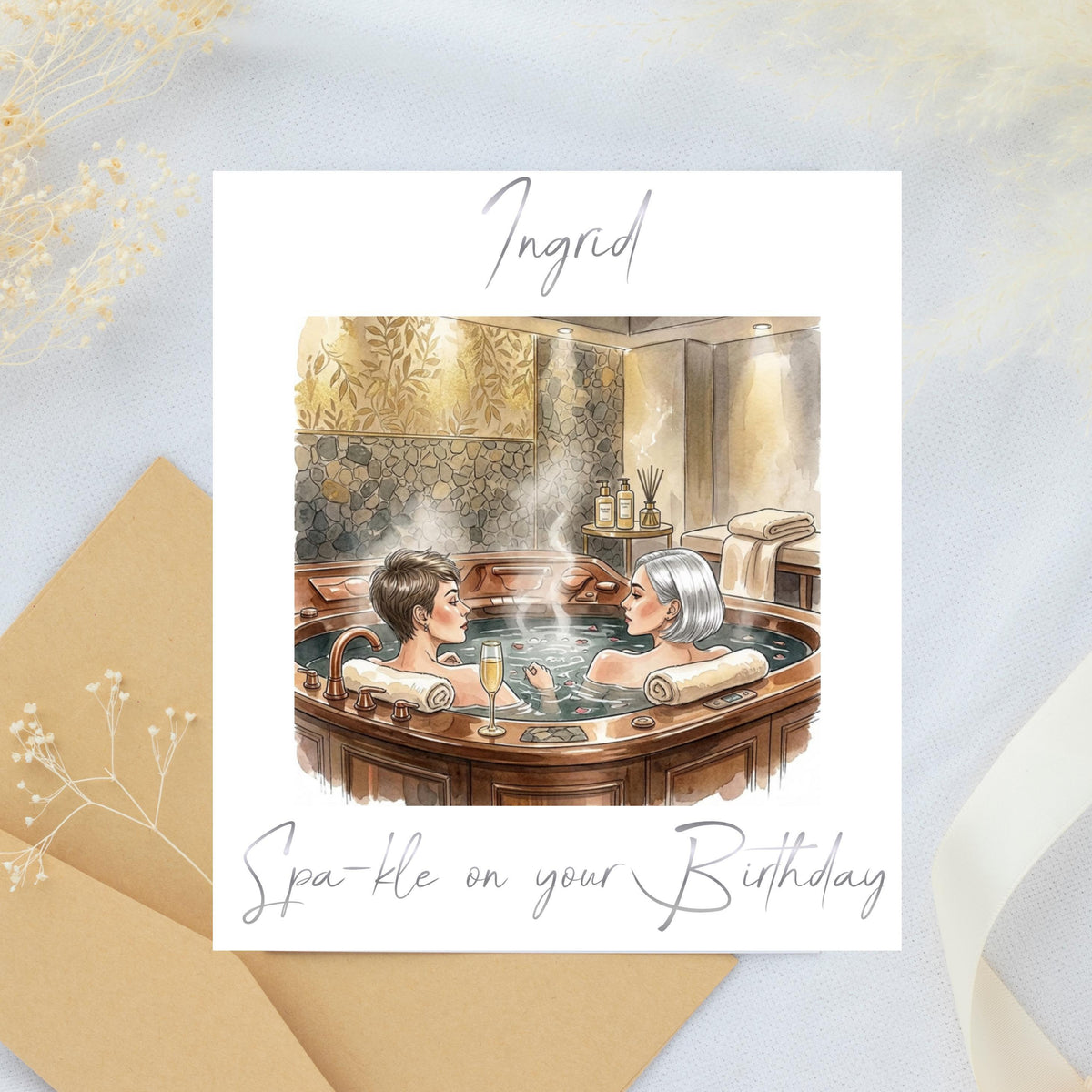 Spa Birthday Card with Foiled Name, Personalized Luxury Greeting for Spa Lovers
