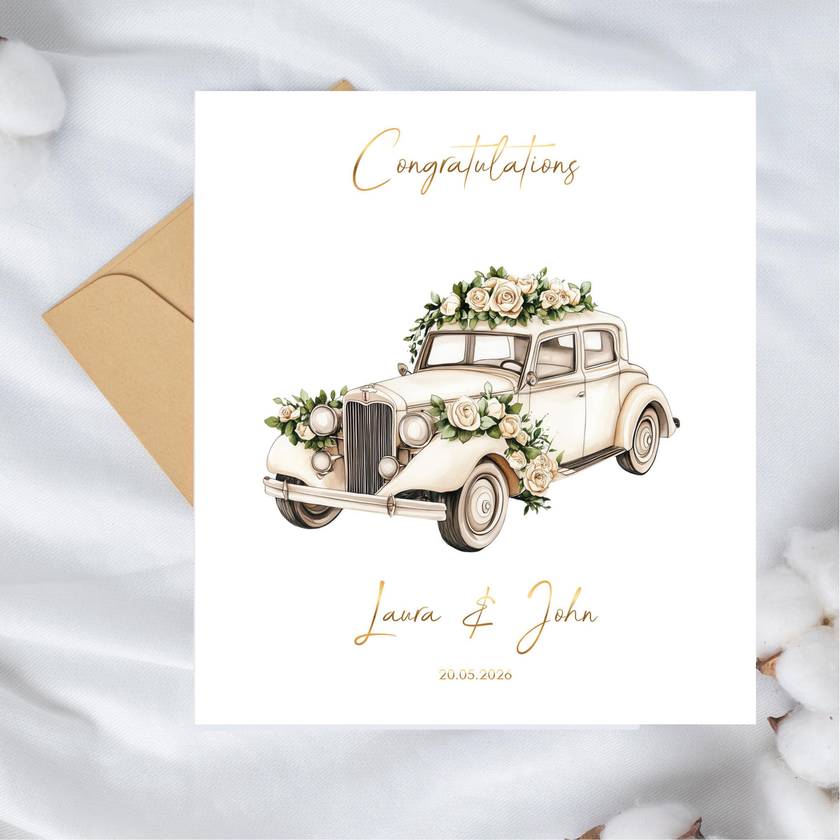 Personalised Vintage Wedding Card, Floral Car Design with Gold Foil