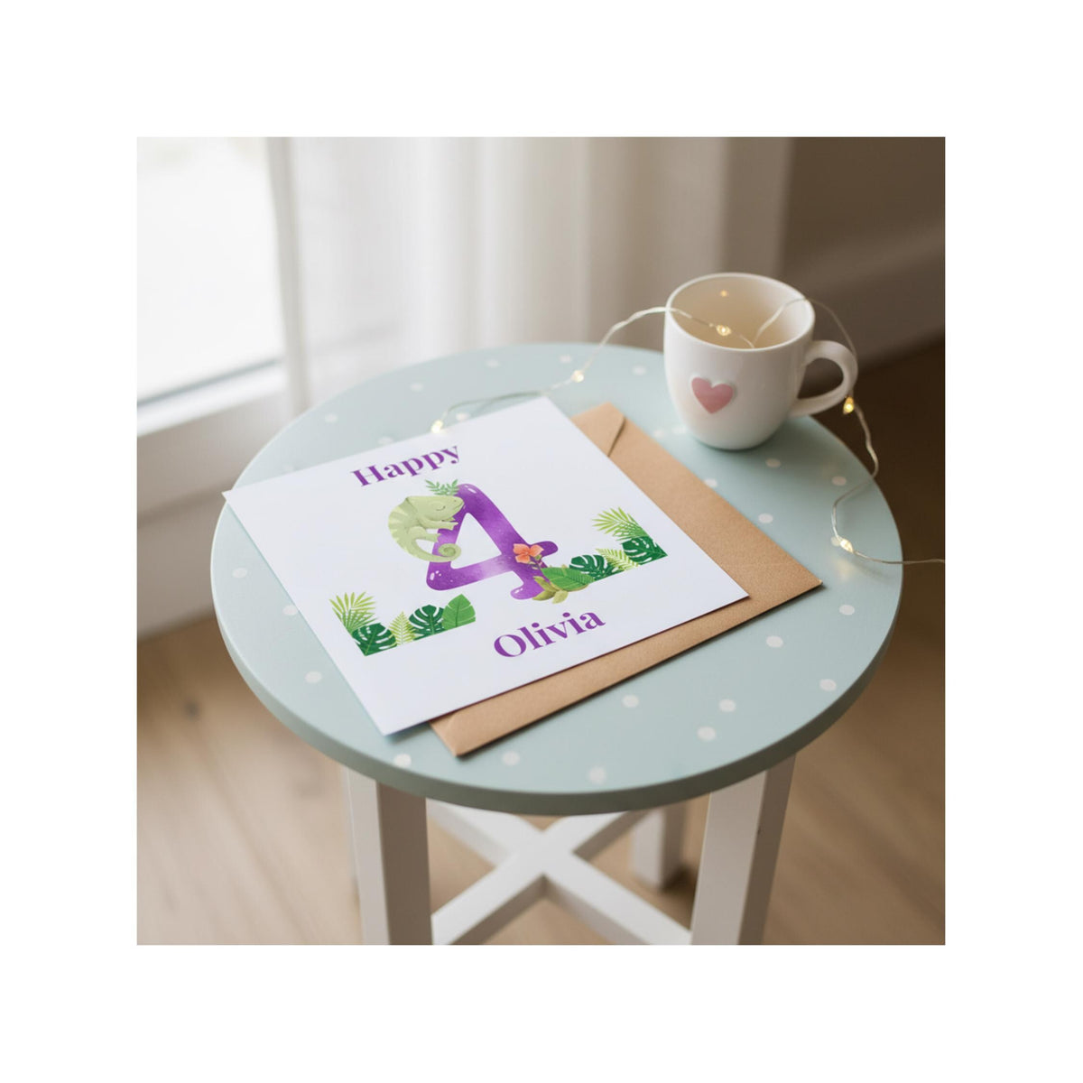 Personalised 4th Birthday Card, Chameleon Jungle Design for Girls