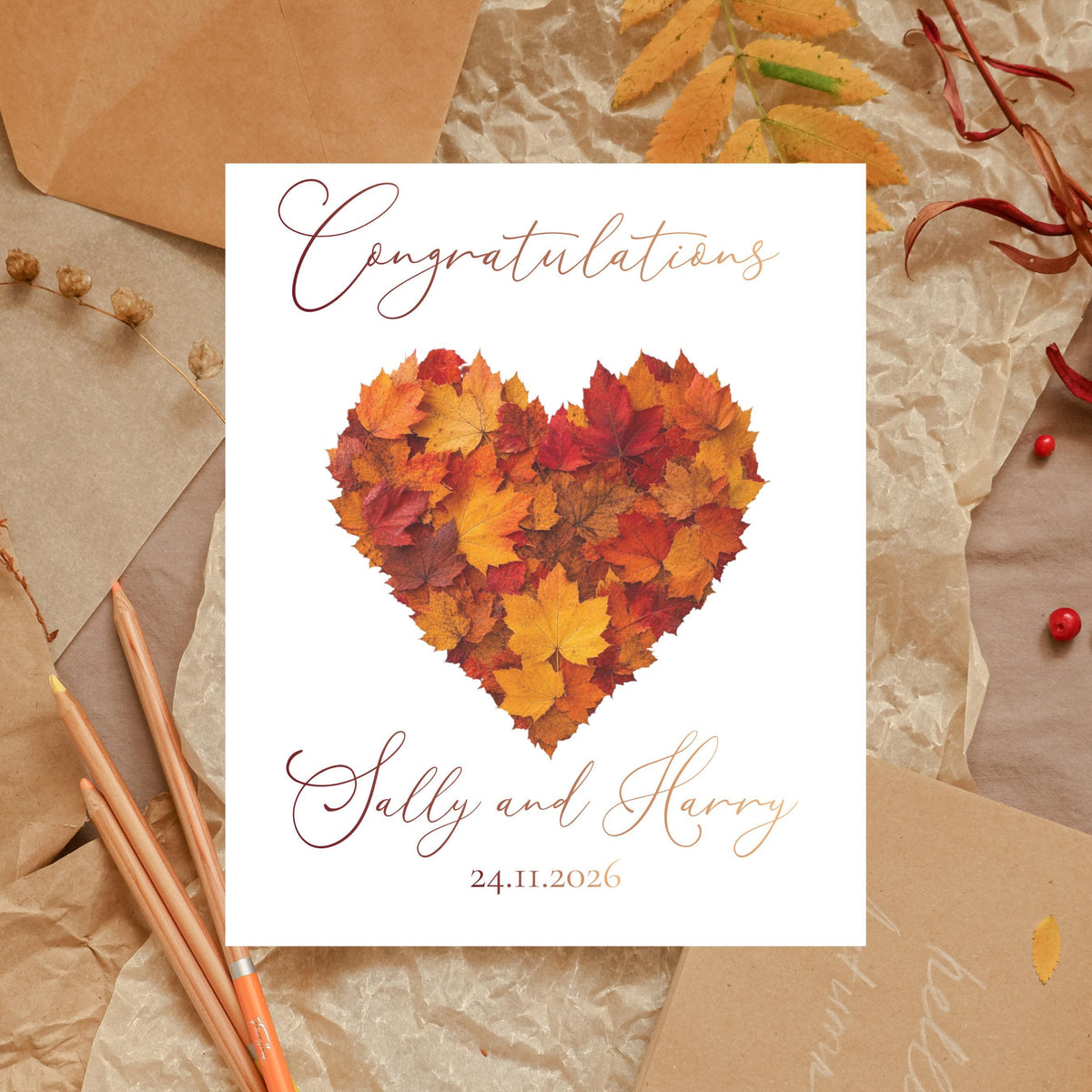 Foiled Wedding Card, Autumn Leaf Heart with Personalised Names And Date