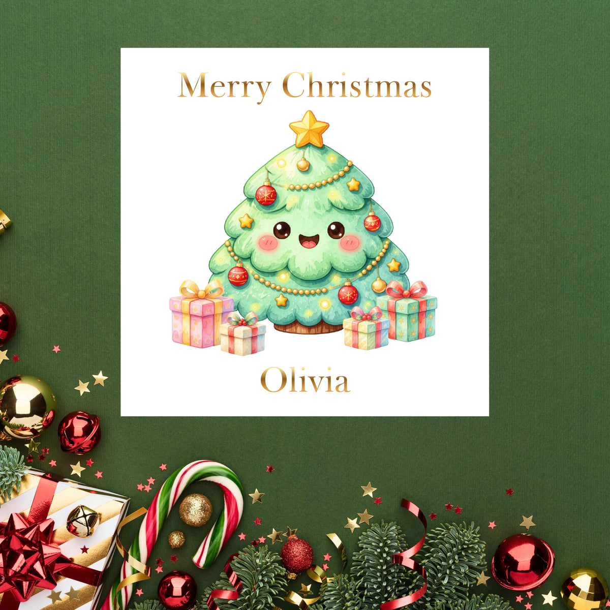 Personalised Name Christmas Tree Card, Gold Foil Finish
