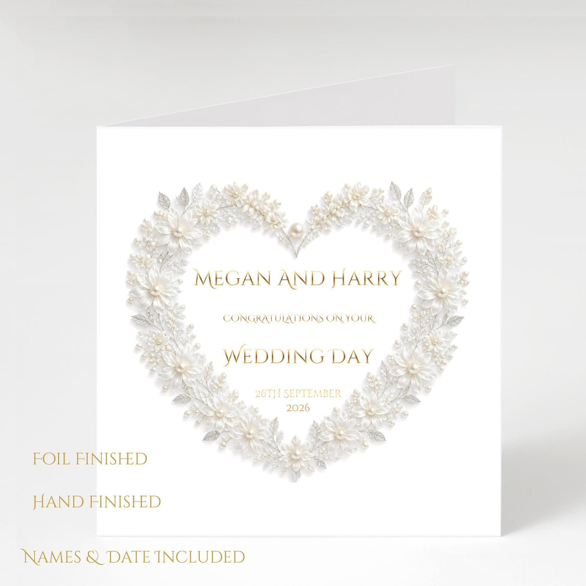Custom Wedding Card with Foil Finish and Faux Pearl Accents