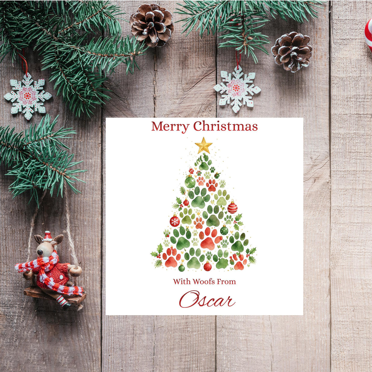 Pet Christmas Card, Custom Pet Name Paw Print Design, Foil Finish