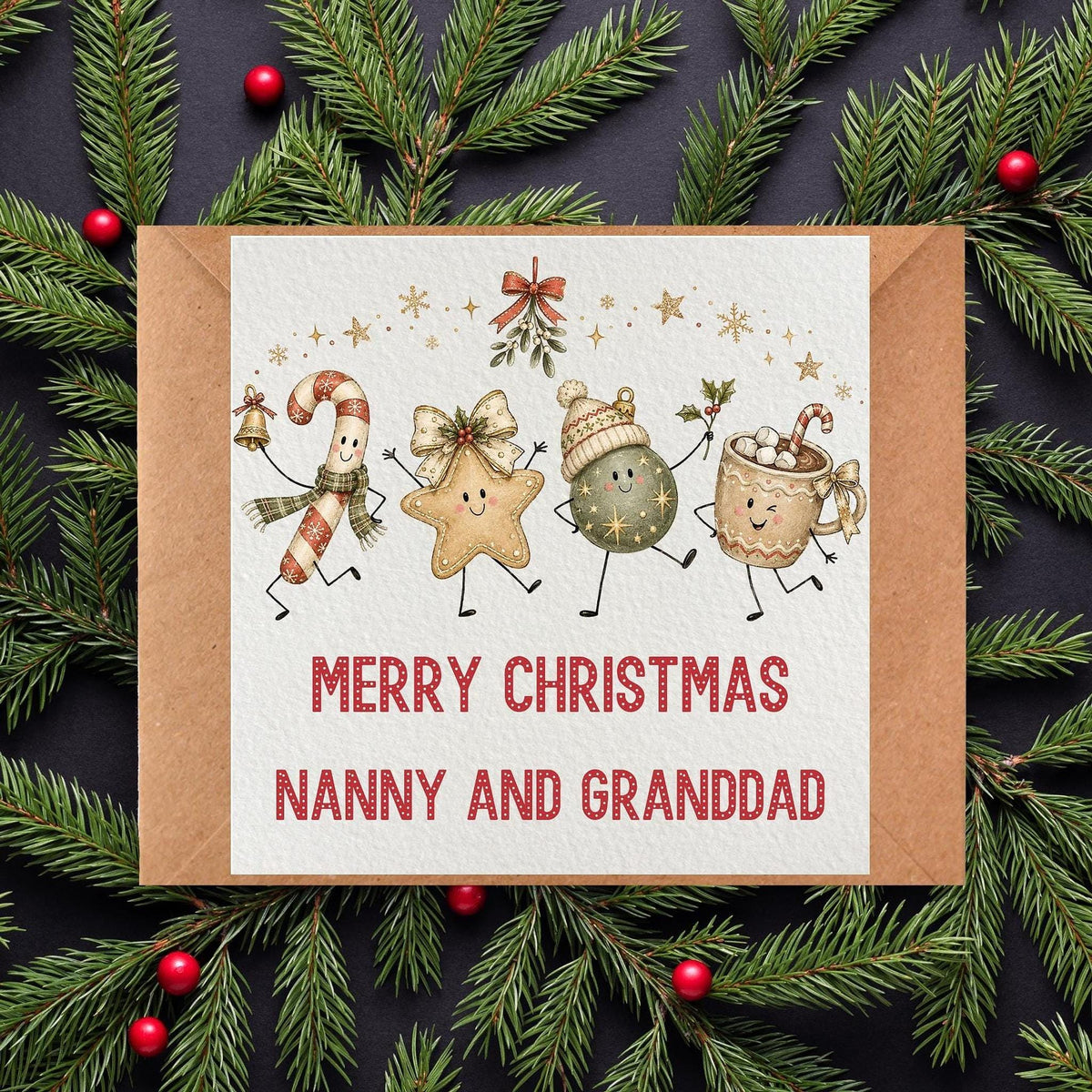 Personalized Family Christmas Card, Illustrated Holiday Scene with Names, 6x6 Paper And Cardstock
