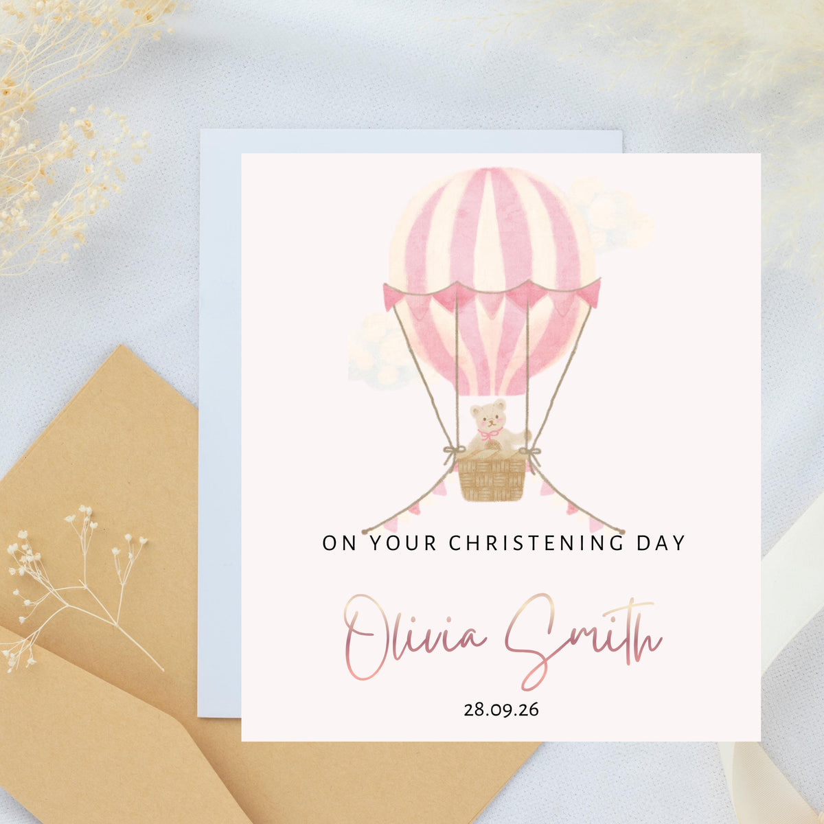 Christening Card with Rose Gold Foil Name, Hot Air Balloon Design