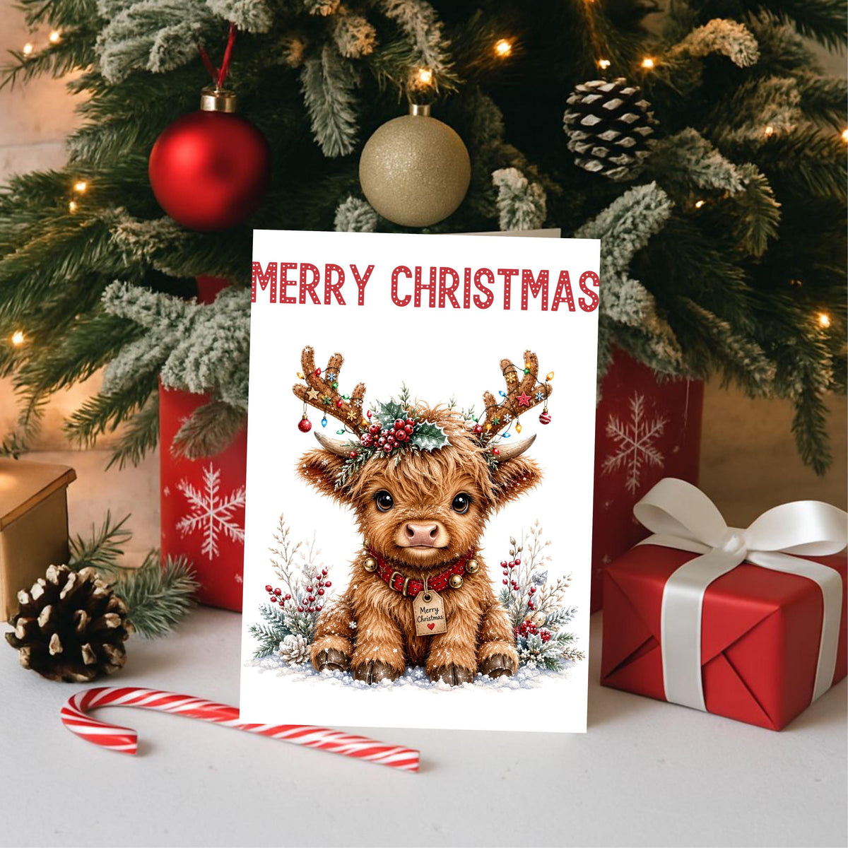 Christmas Card Set, Six Highland Cow Designs, 3 x 6 Inch Glossy Cardstock