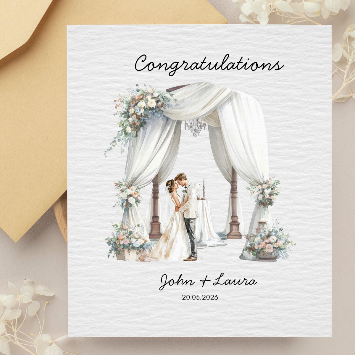 Custom Wedding Card with Floral Watercolour Design, Personalized Names and Date