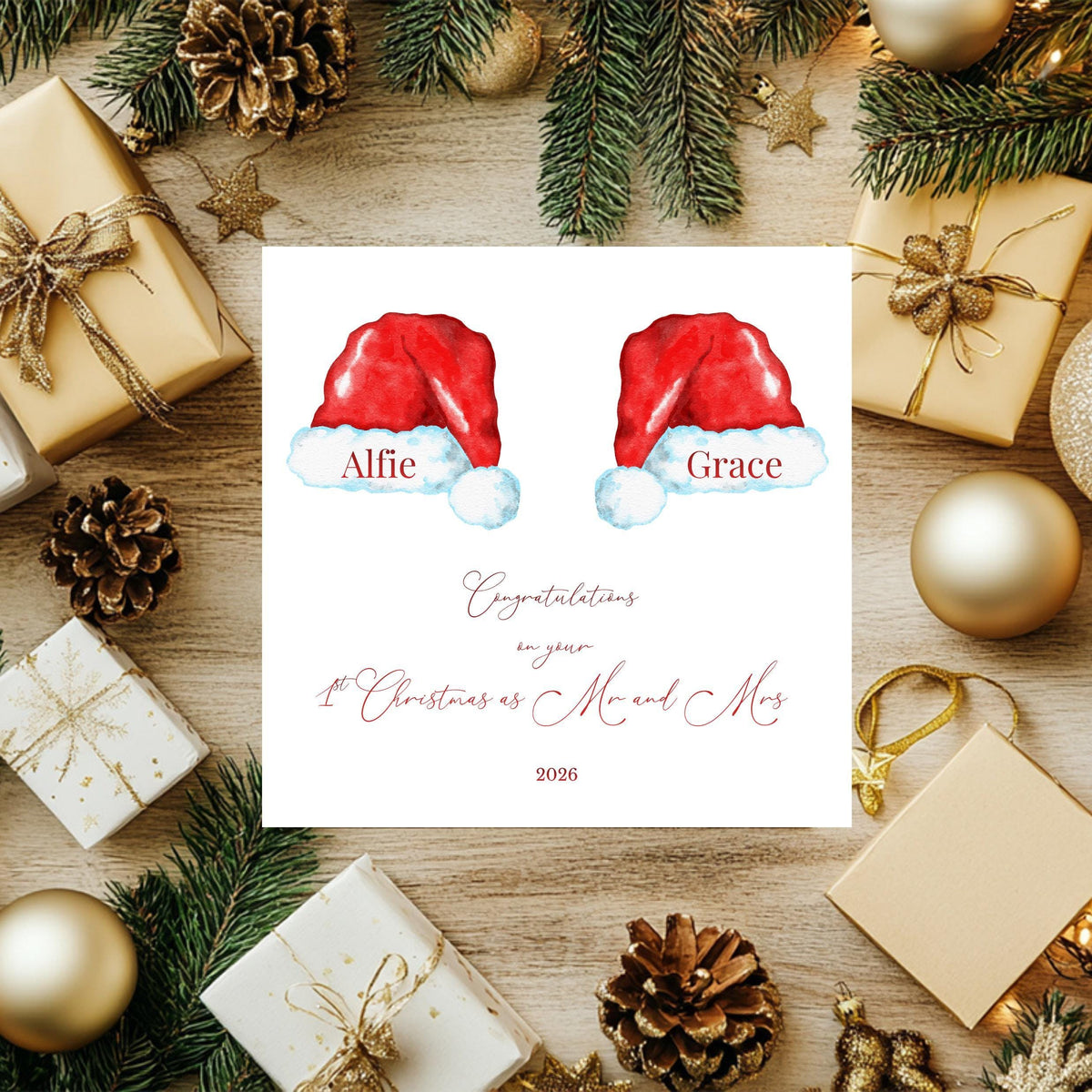 Personalised Mr And Mrs Card, First Christmas 2026 Santa Hat Design