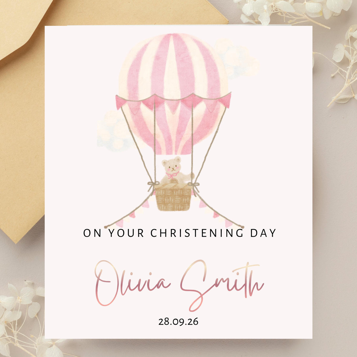 Christening Card with Rose Gold Foil Name, Hot Air Balloon Design