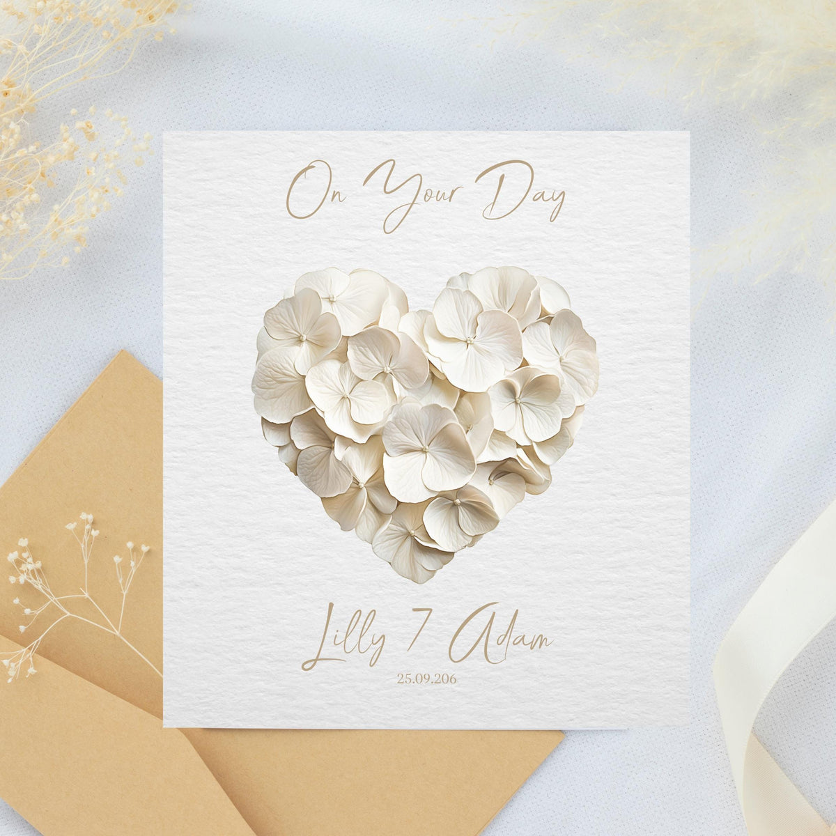 Custom Floral Heart Wedding Card, Personalized Names and Date, Foil Finish