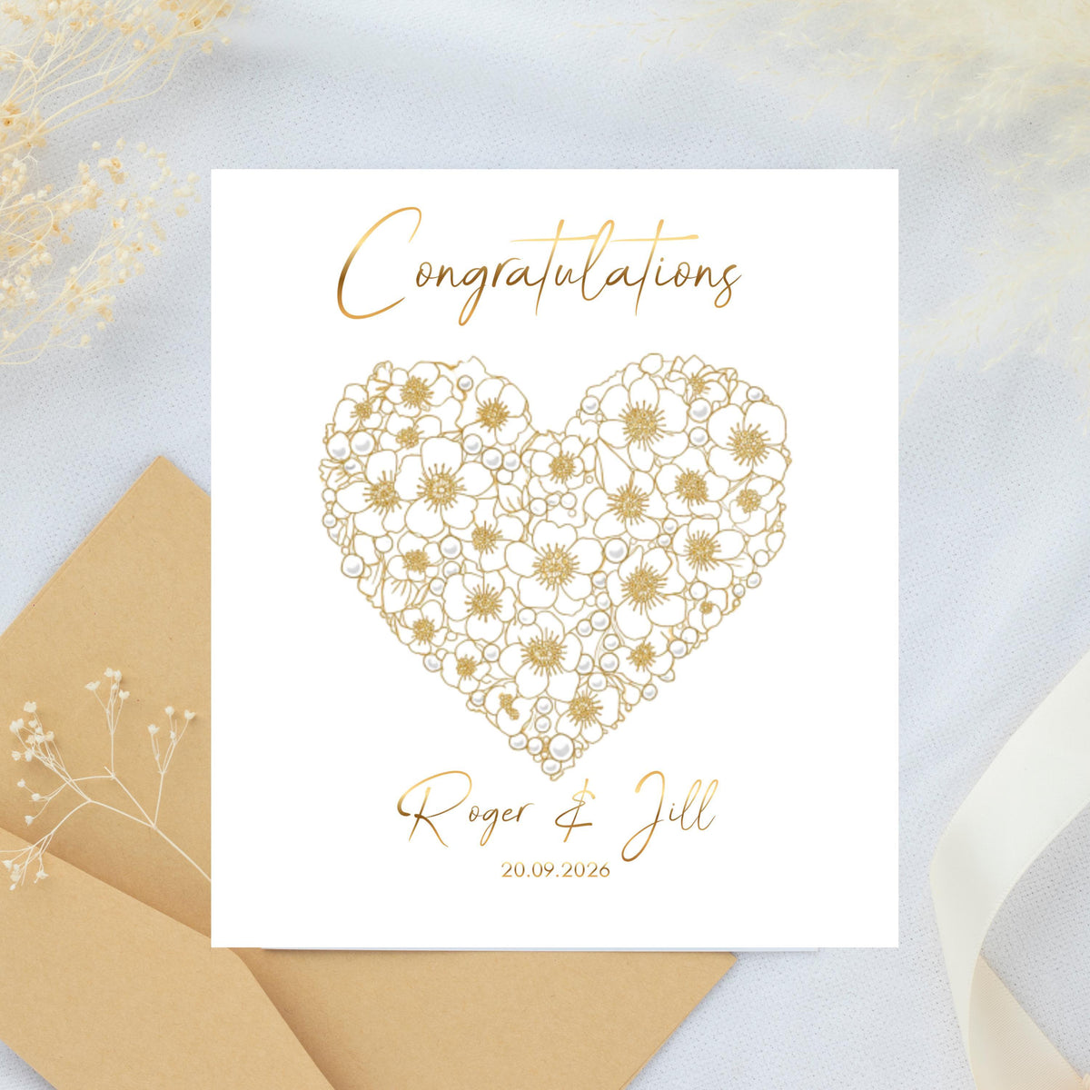 Personalized Wedding Card with Gold Foil Finish, Custom Names and Date