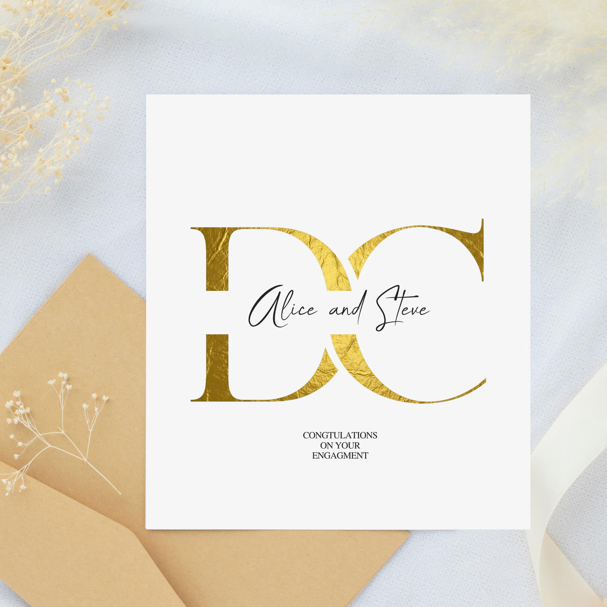Engagement Card, 6 x 6 Inch Gold Foil Custom Names