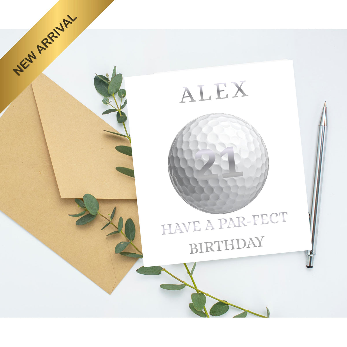 Golf Birthday Card, Custom Name with Foiled Finish