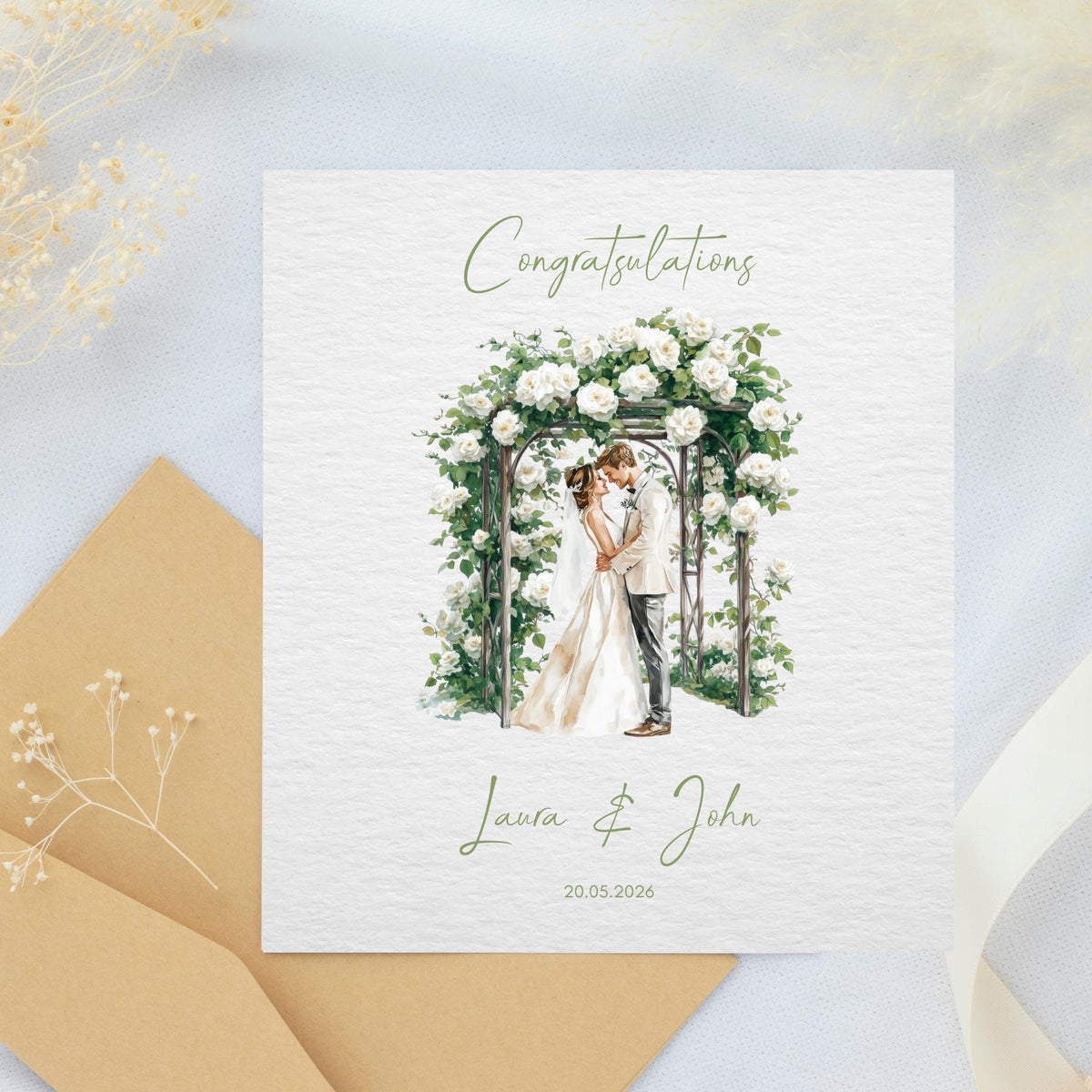 Custom Wedding Card with Couple Names and Date | Floral Illustration