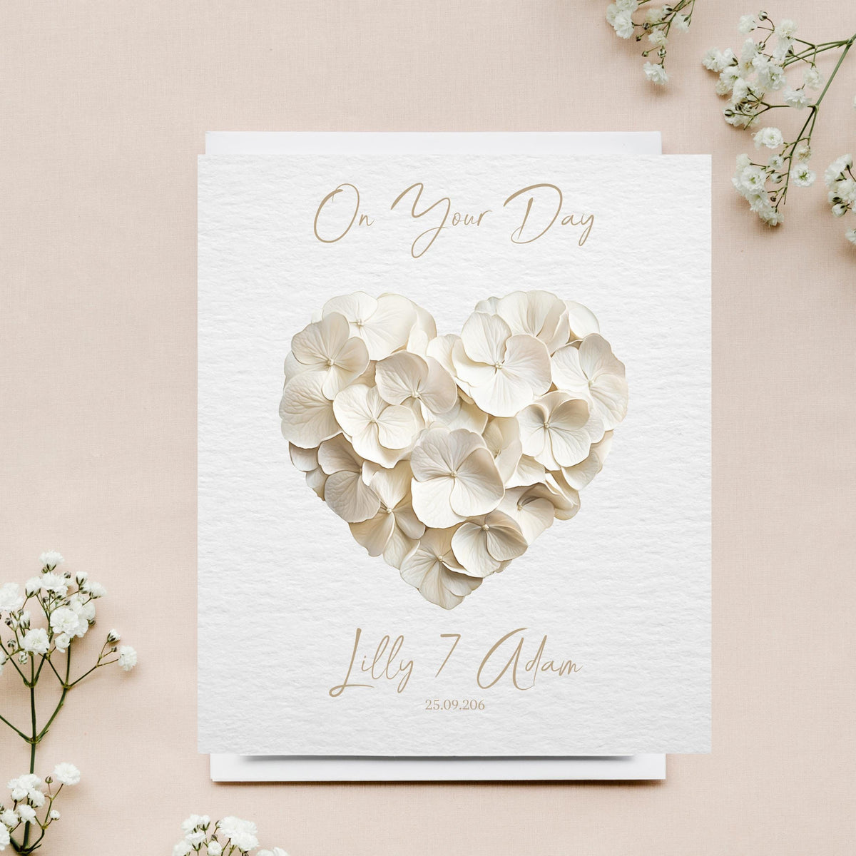 Custom Floral Heart Wedding Card, Personalized Names and Date, Foil Finish