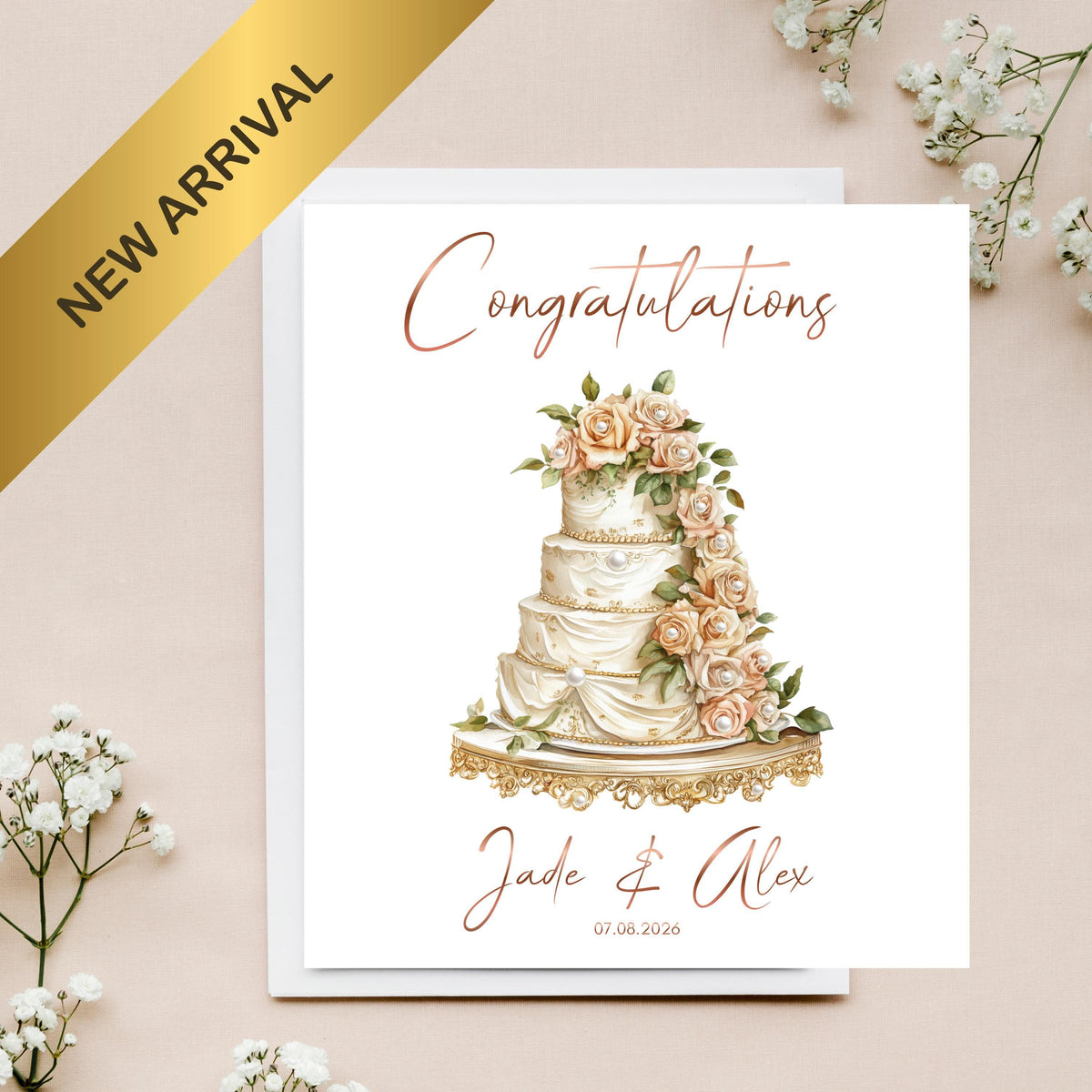 Personalized Wedding Card with Foil Finish and Faux Pearls, Custom Names and Date