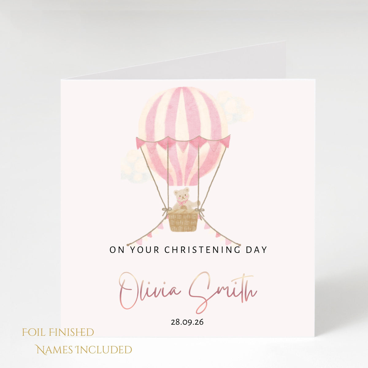 Christening Card with Rose Gold Foil Name, Hot Air Balloon Design