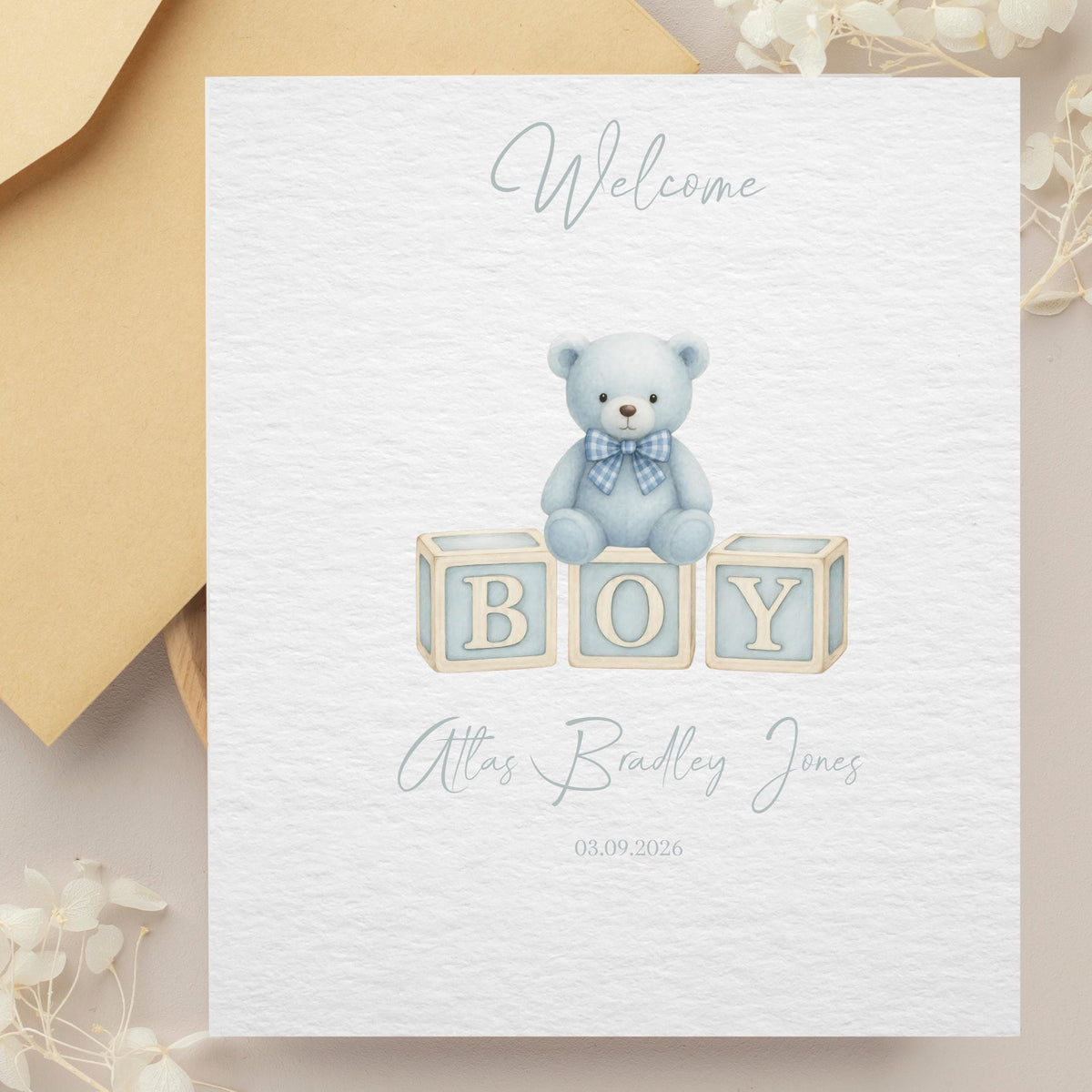 Name And Date Card, Personalized Newborn Keepsake with Teddy Bear