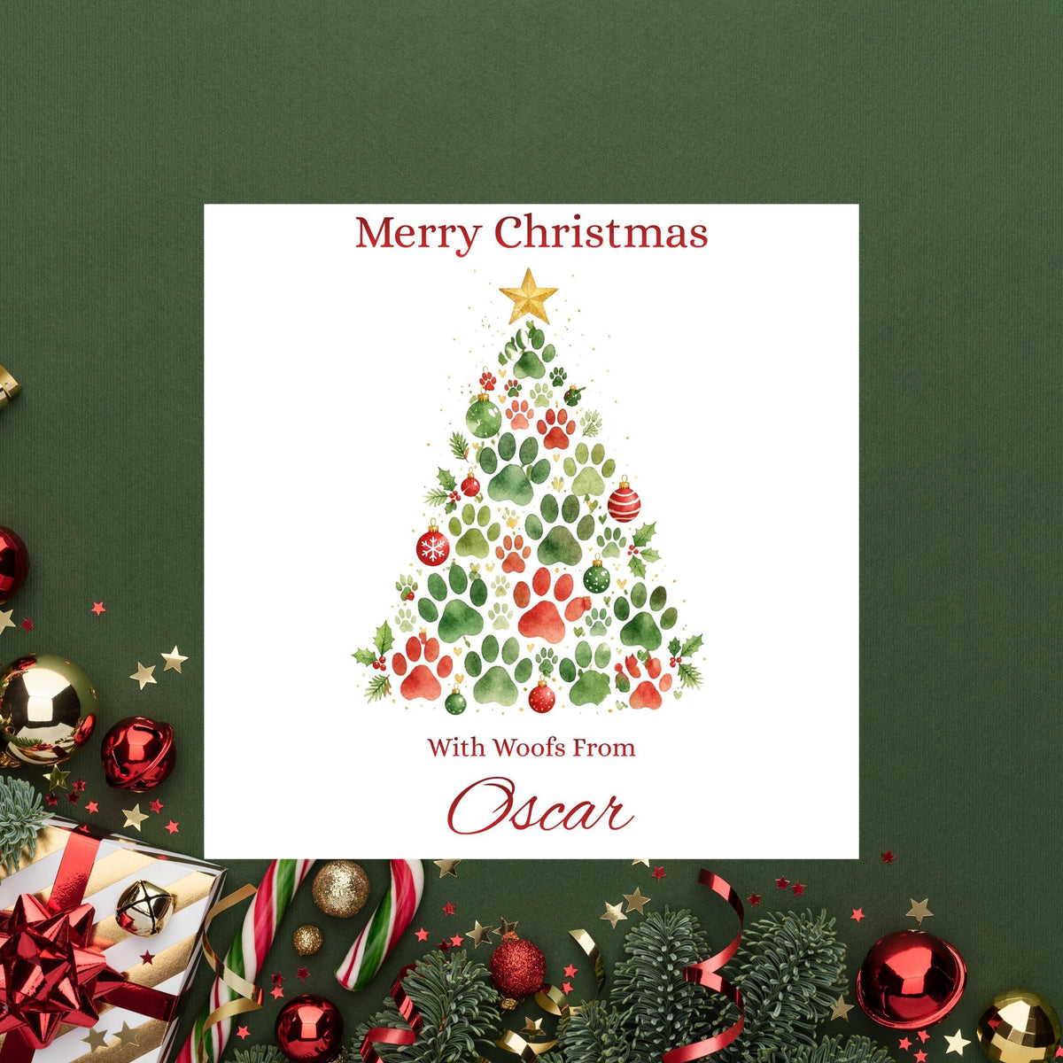 Pet Christmas Card, Custom Pet Name Paw Print Design, Foil Finish