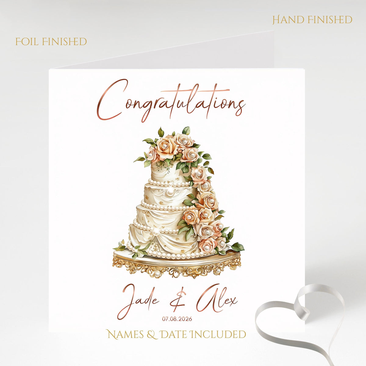 Personalized Wedding Card with Foil Finish and Faux Pearls, Custom Names and Date