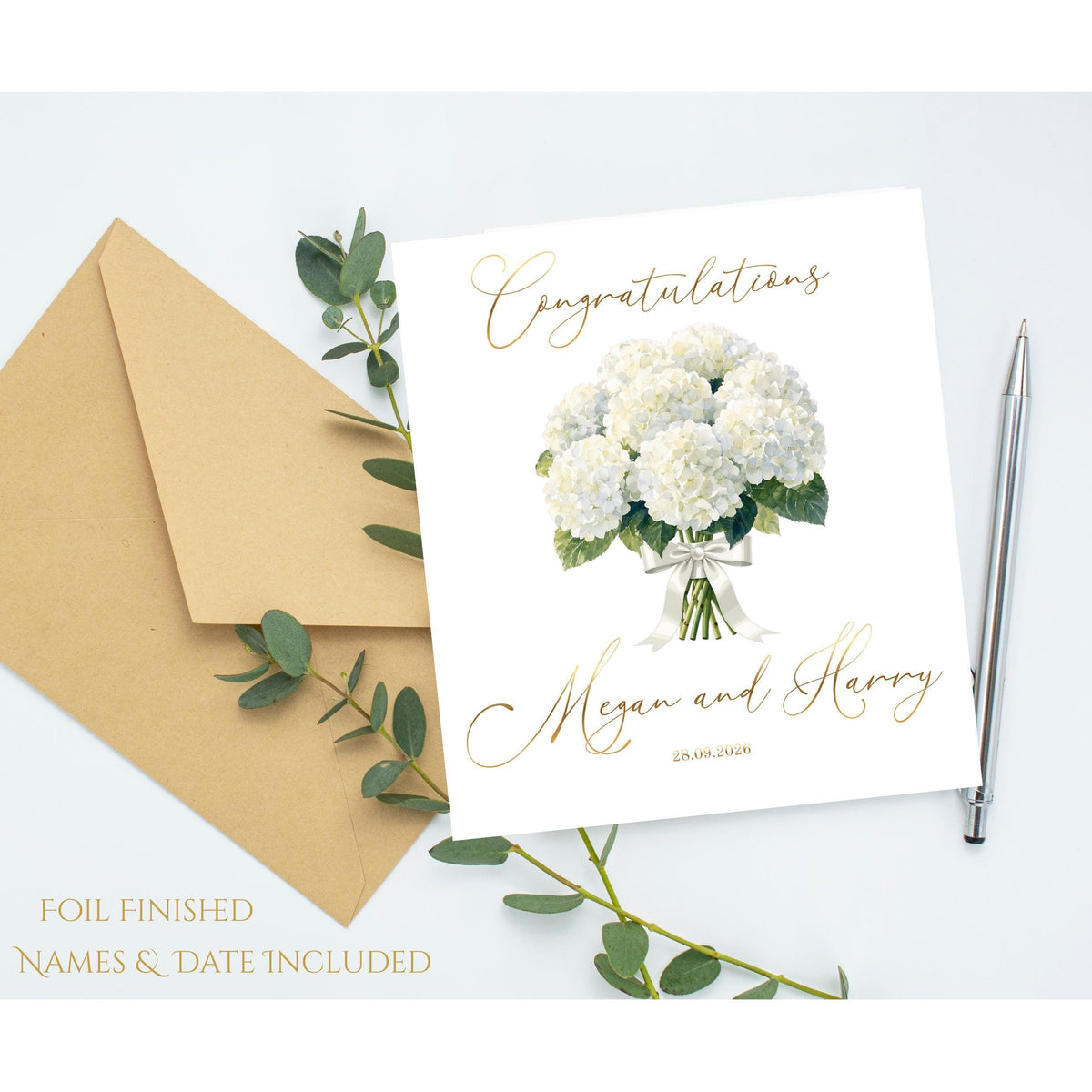 Wedding Card Foil with Hydrangea Design, Custom Names and Date