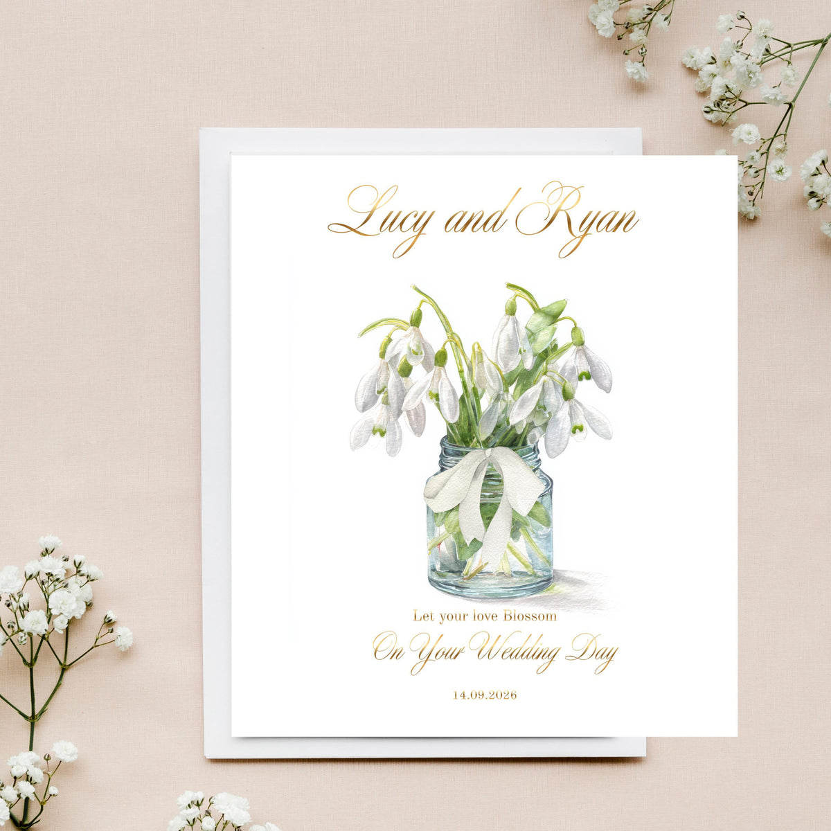 Personalised Snow Drop Wedding Card – Custom Names, Date, Floral Design