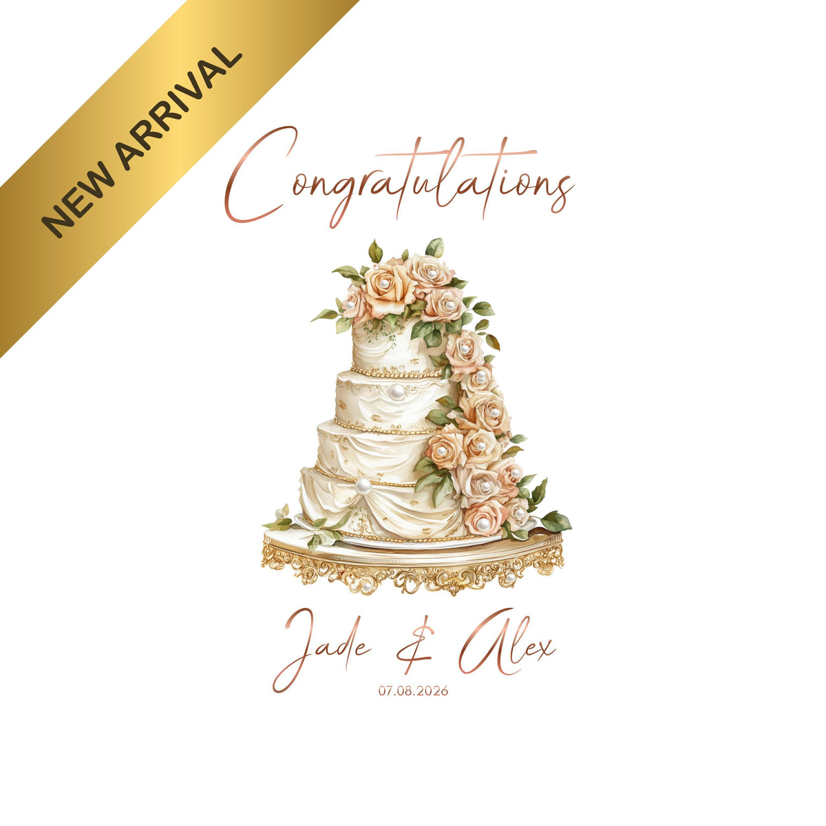 Personalized Wedding Card with Foil Finish and Faux Pearls, Custom Names and Date