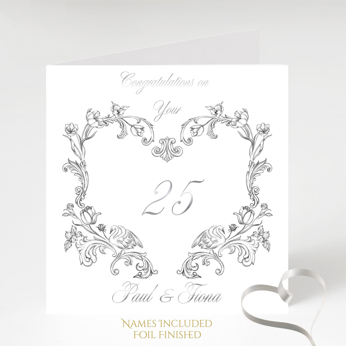 25Th Anniversary Card with Silver Foiled Design, Personalized Floral Keepsake