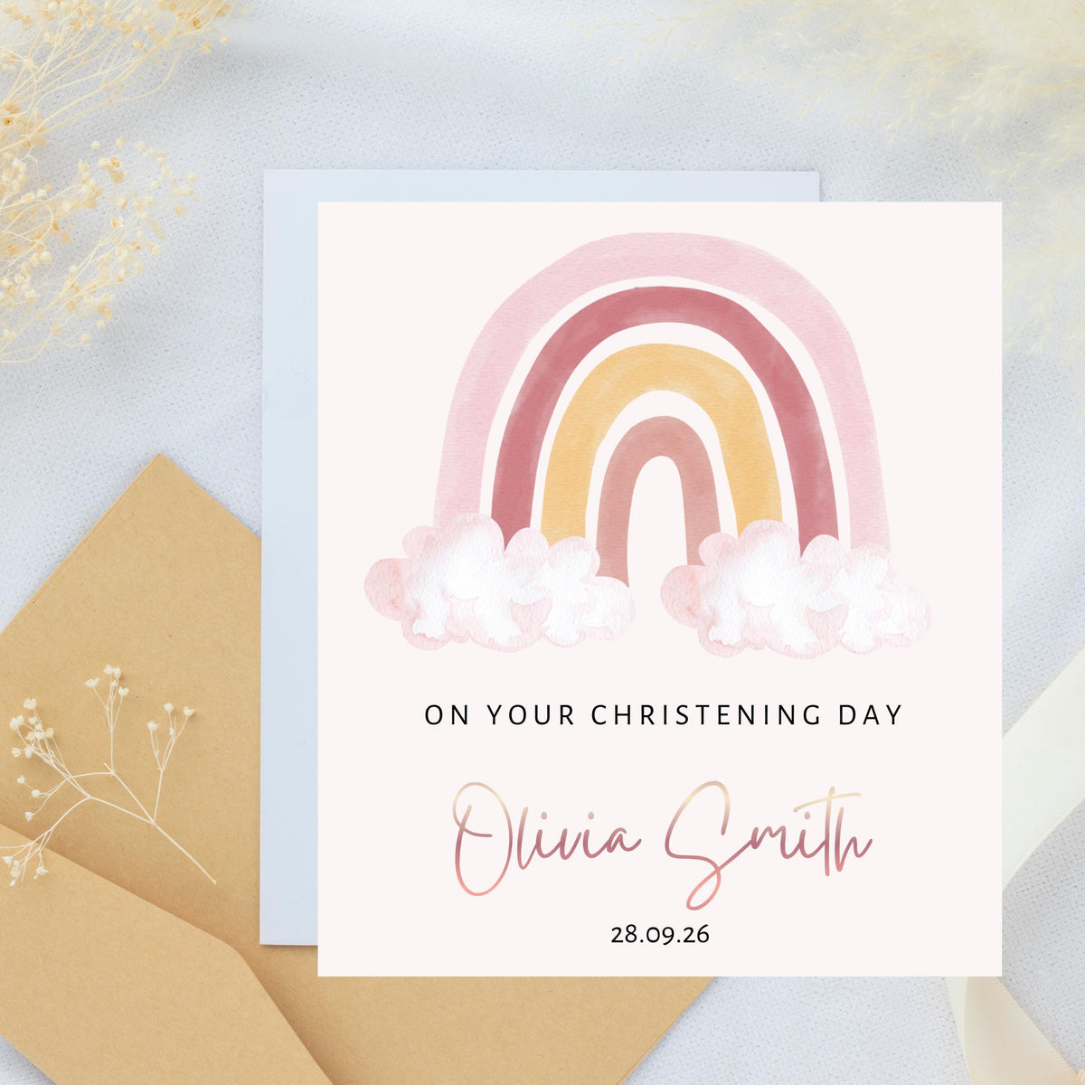 Personalised Rainbow Girls Christening Card with Rose Gold Name Custom Date