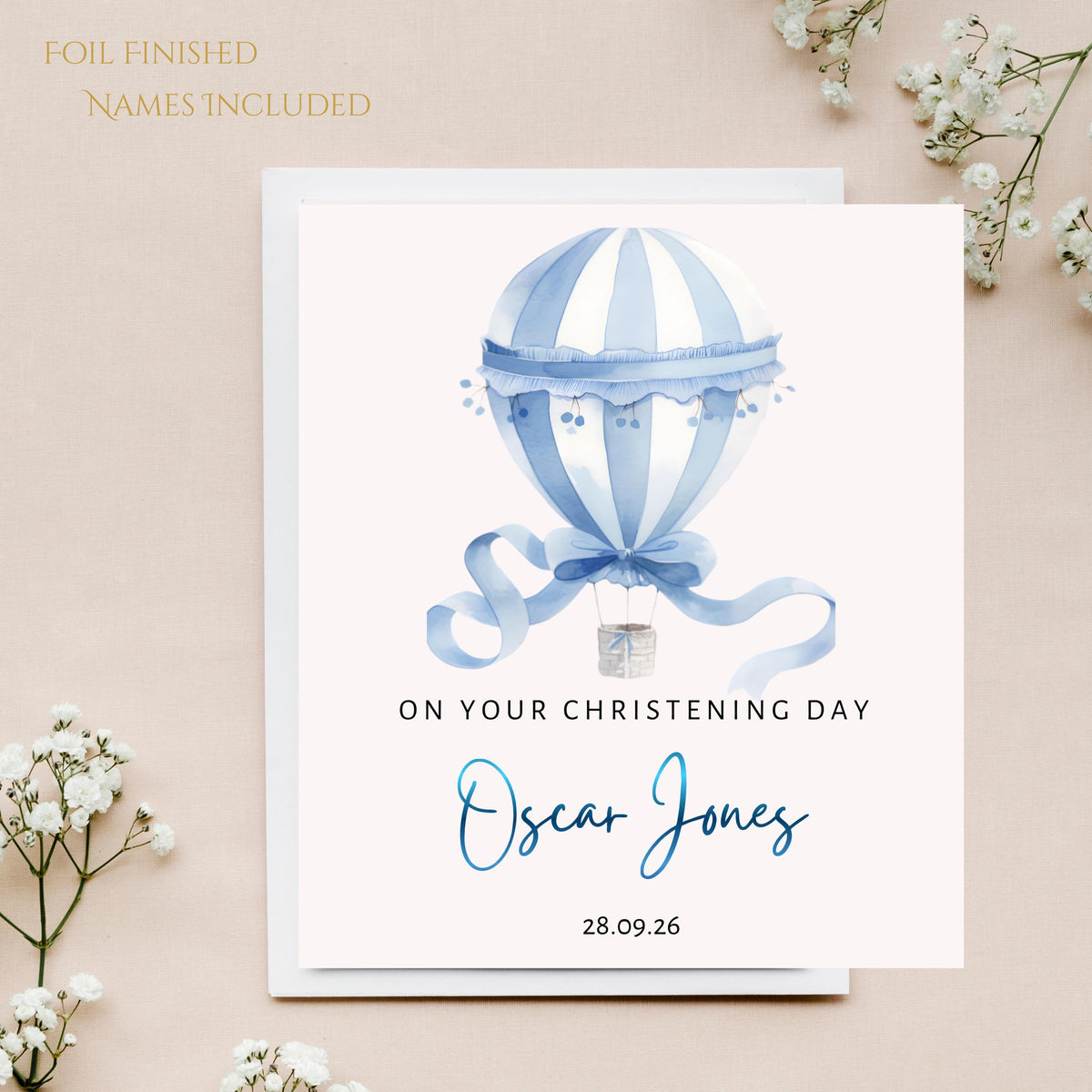 Personalised Boys Christening Card with Foil Finish and Custom Date