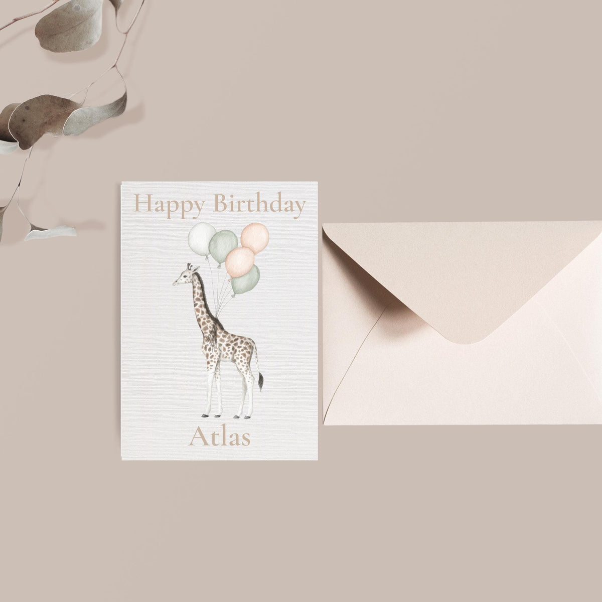 Personalised Giraffe Birthday Card, Pastel Balloons, Custom Name Keepsake, Linen Cardstock