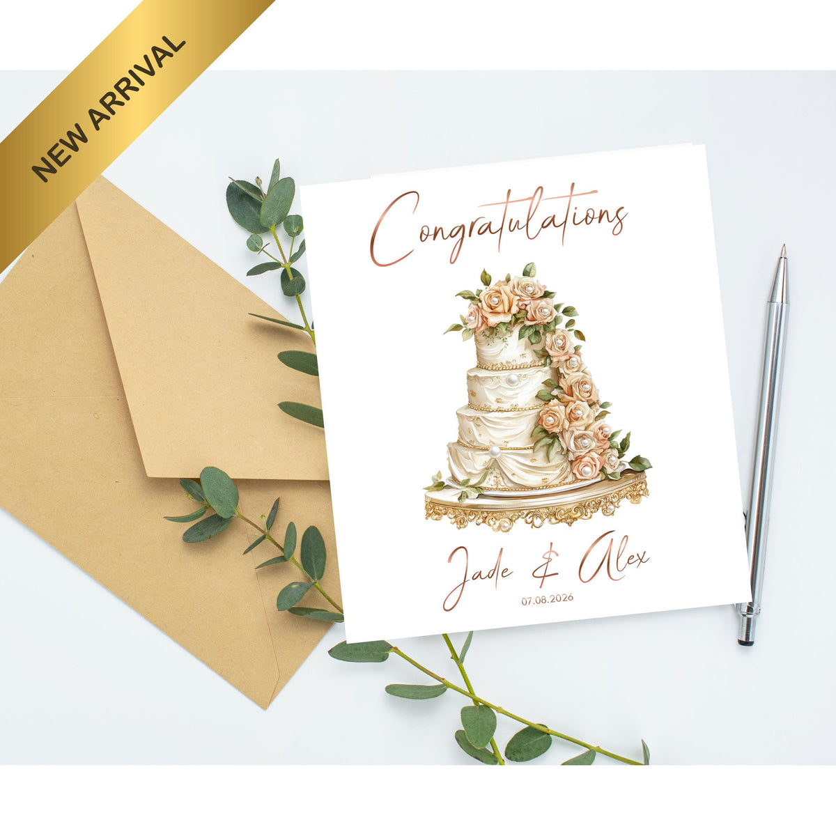 Personalized Wedding Card with Foil Finish and Faux Pearls, Custom Names and Date