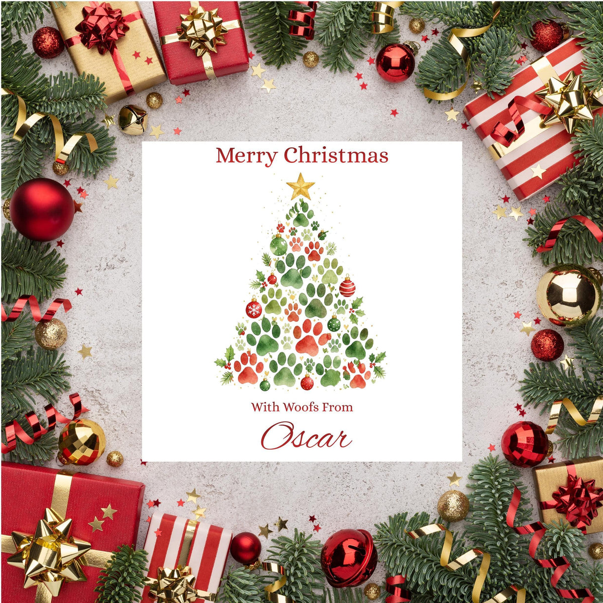 Pet Christmas Card, Custom Pet Name Paw Print Design, Foil Finish