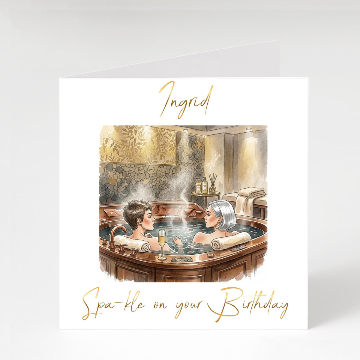 Spa Birthday Card with Foiled Name, Personalized Luxury Greeting for Spa Lovers