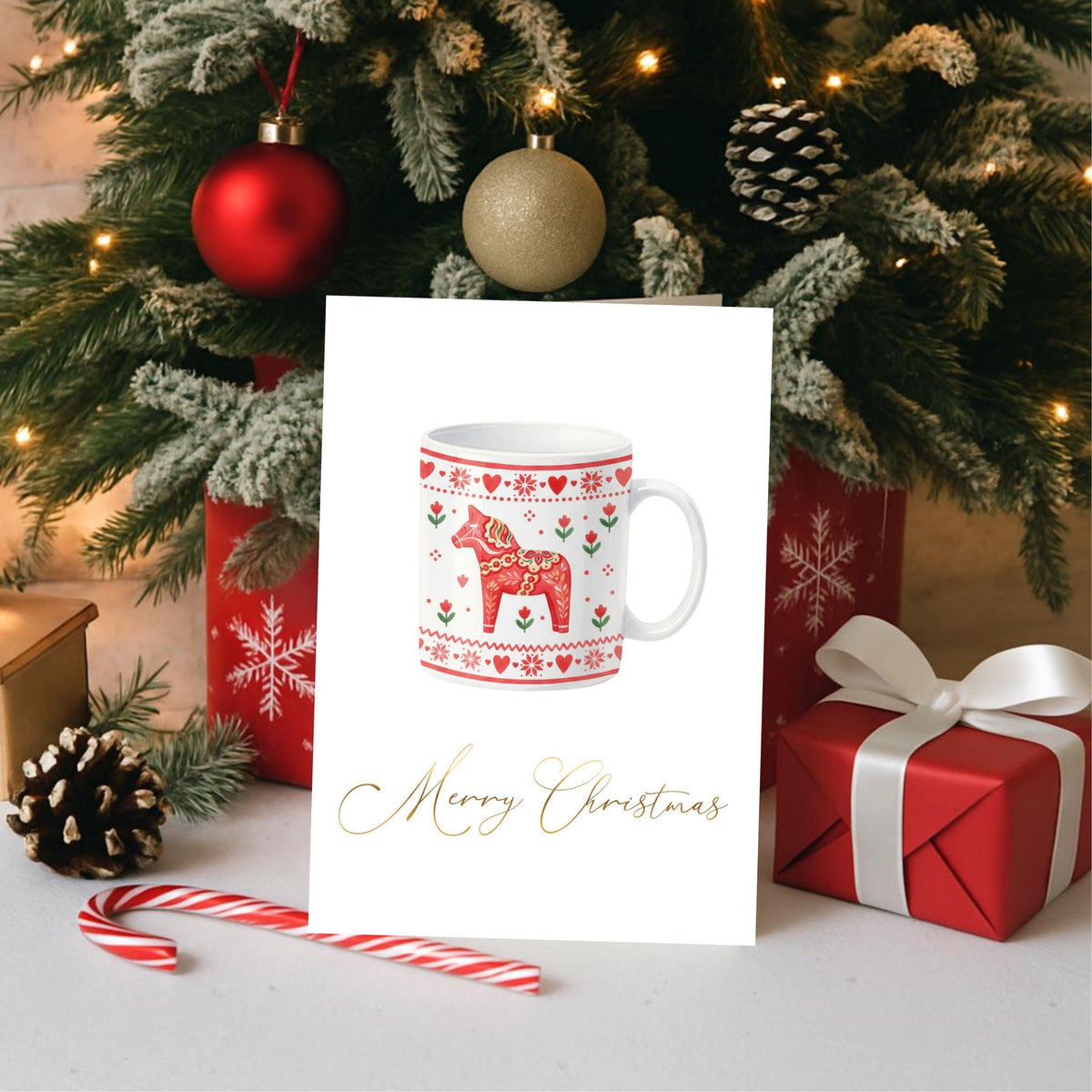 Christmas Card Set, Six Festive Greetings with Scandinavian Illustration's and Gold Foil