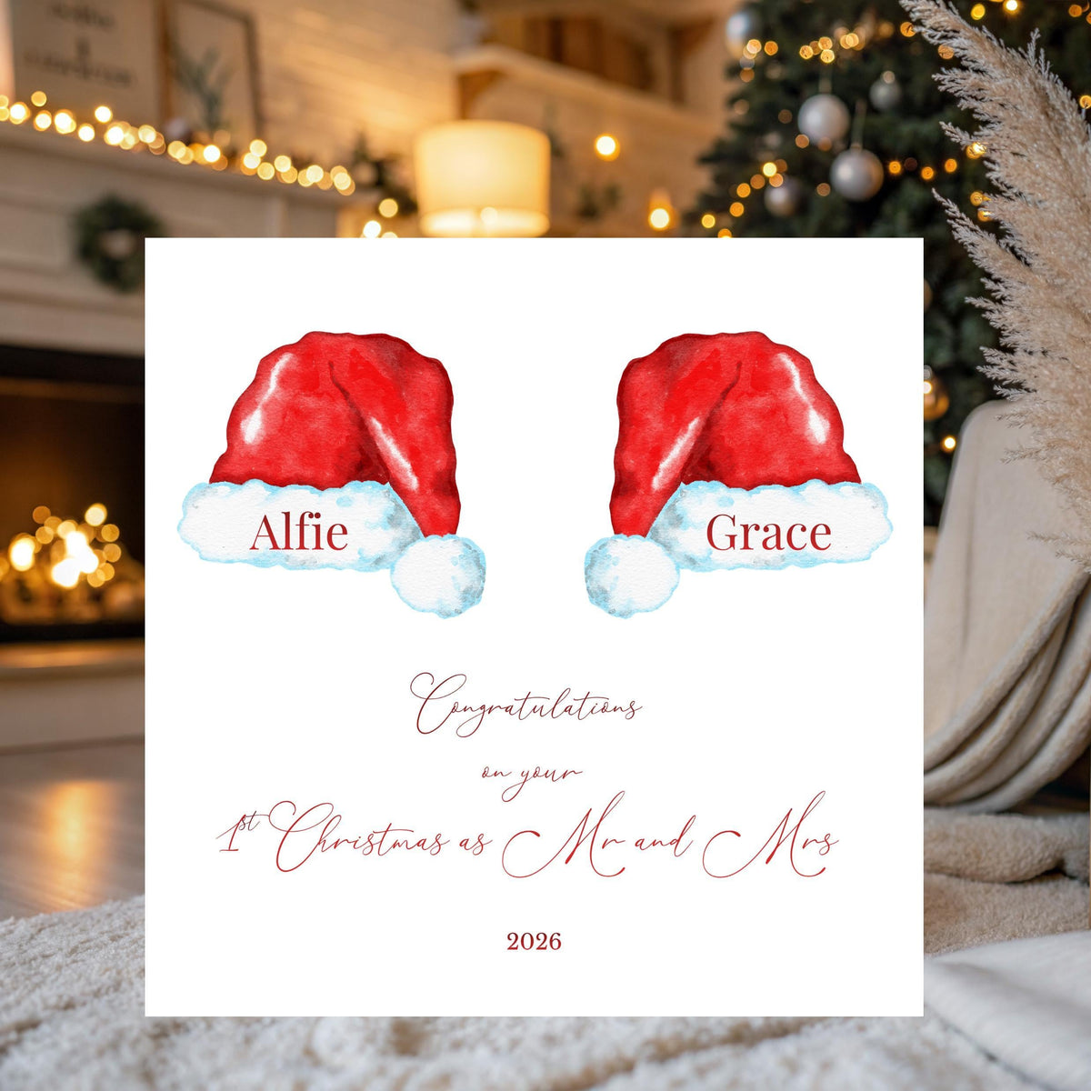 Personalised Mr And Mrs Card, First Christmas 2026 Santa Hat Design